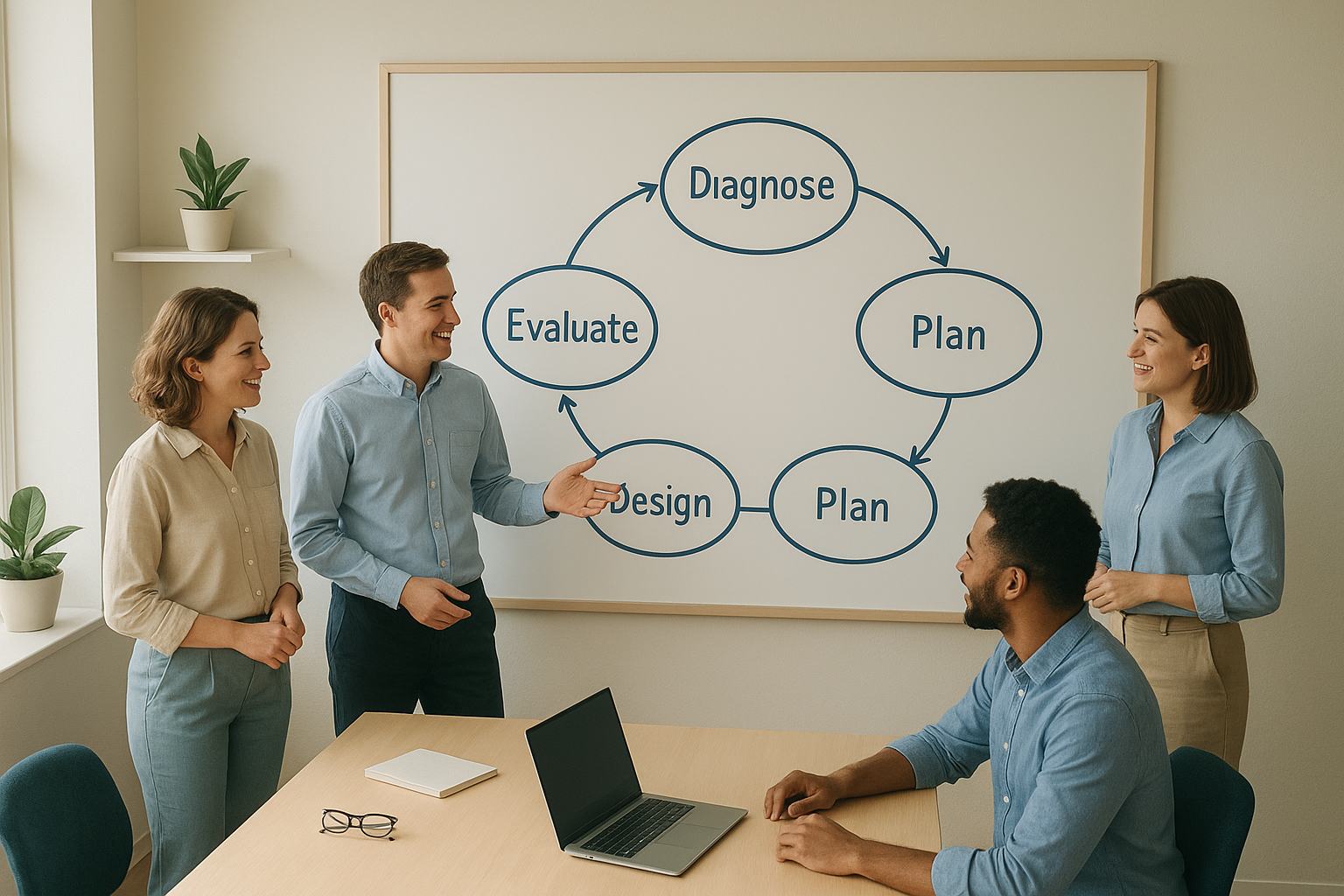 Organization development framework diagram on a whiteboard showing five interconnected phases in a modern office