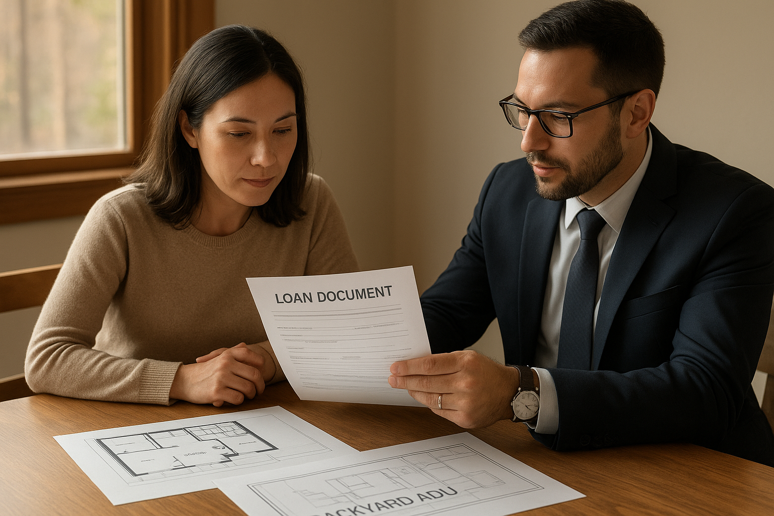 Homeowner reviewing lender referrals for adu loans with a financial advisor at a table
