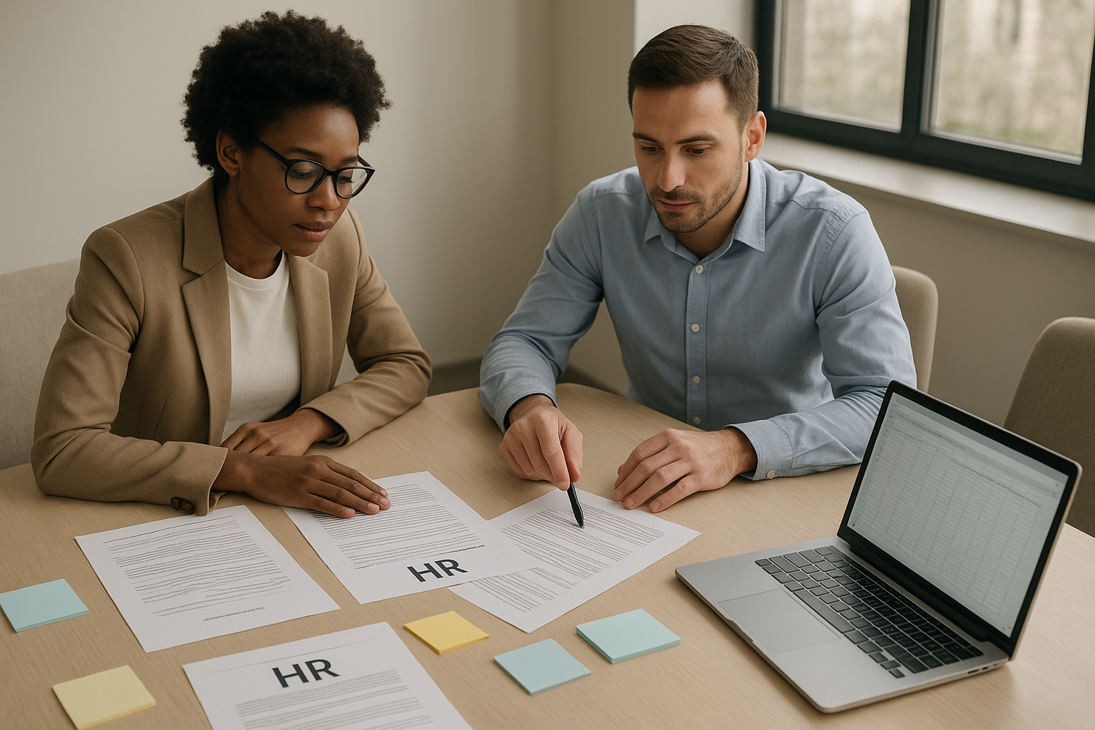 Two HR consultants collaborating on a workforce compliance review and due diligence documentation