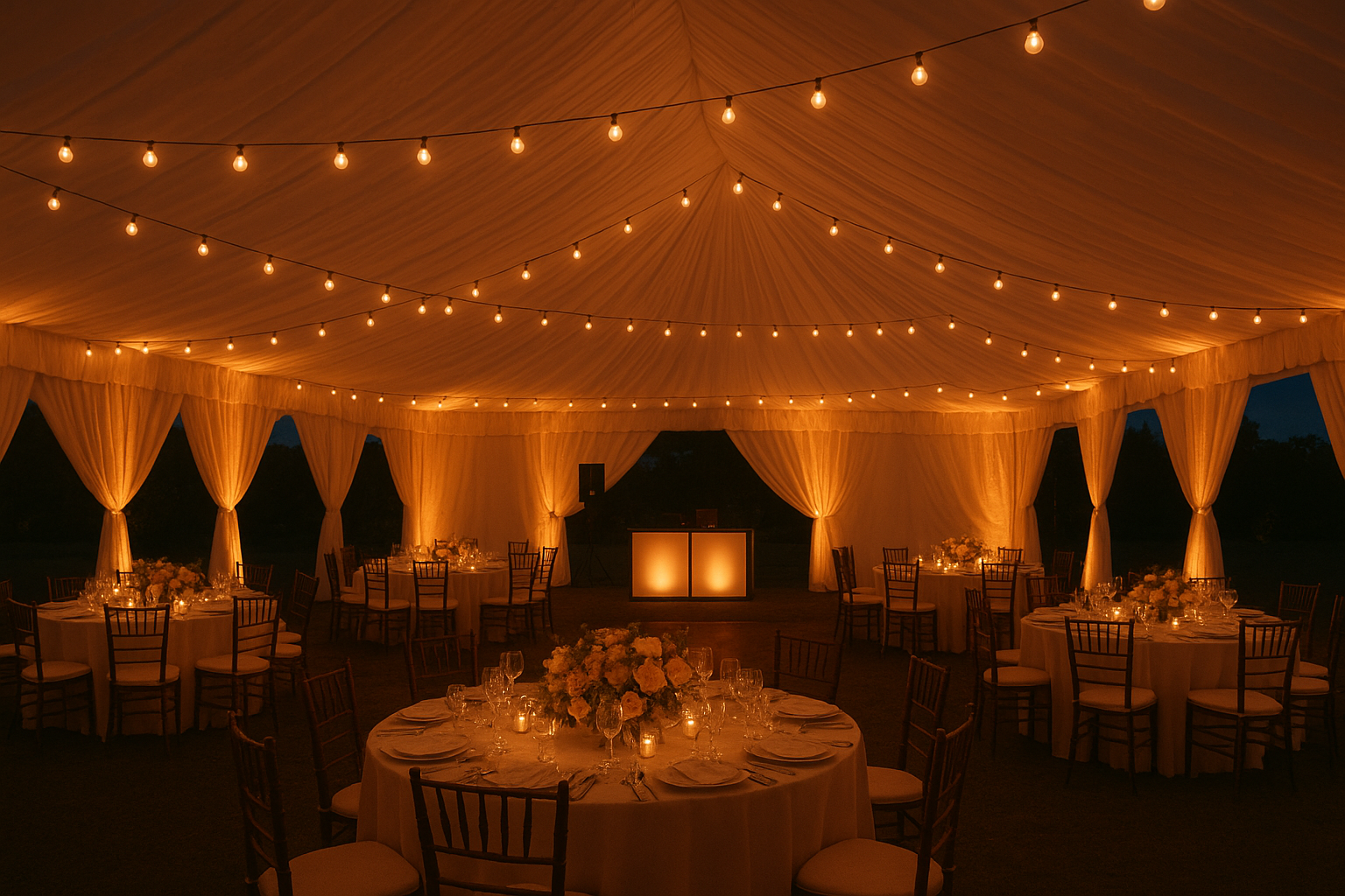 Wedding reception lit by an audiovisual production company with warm uplighting and a glowing DJ booth