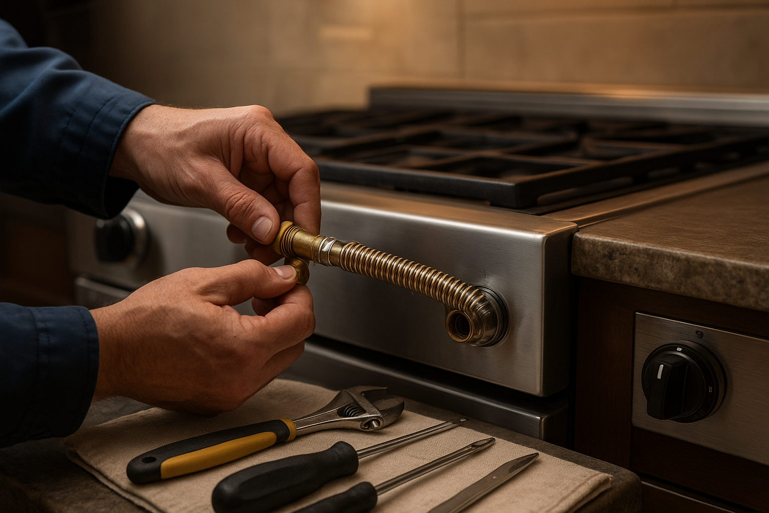 Close-up of a gas line connection during a kitchen range installation appointment