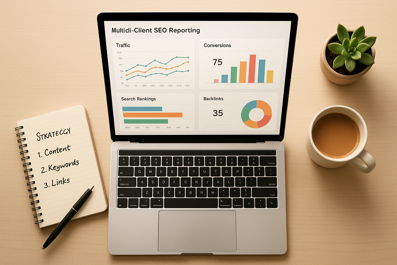Clean desk setup with laptop displaying multi-client SEO reporting dashboard for agency use