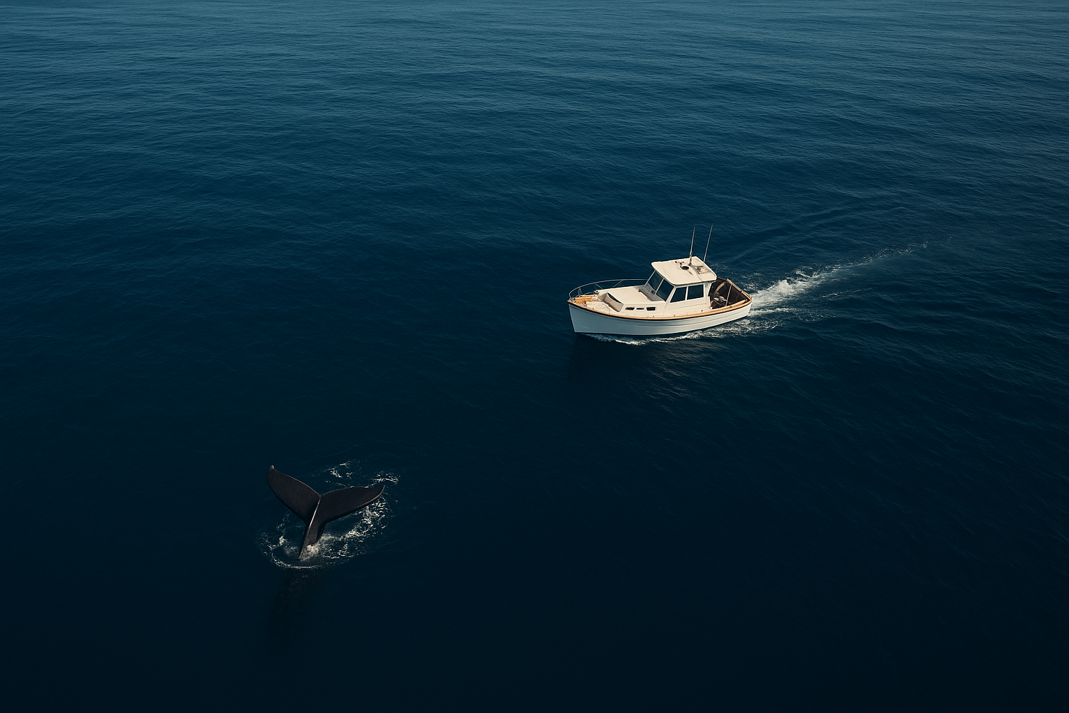 Aerial view of a private boat charter near a whale tail off the San Diego coastline