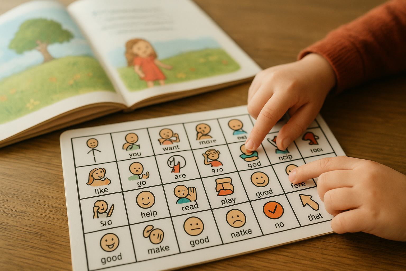 Child pointing to AAC symbols while following along with core vocabulary stories