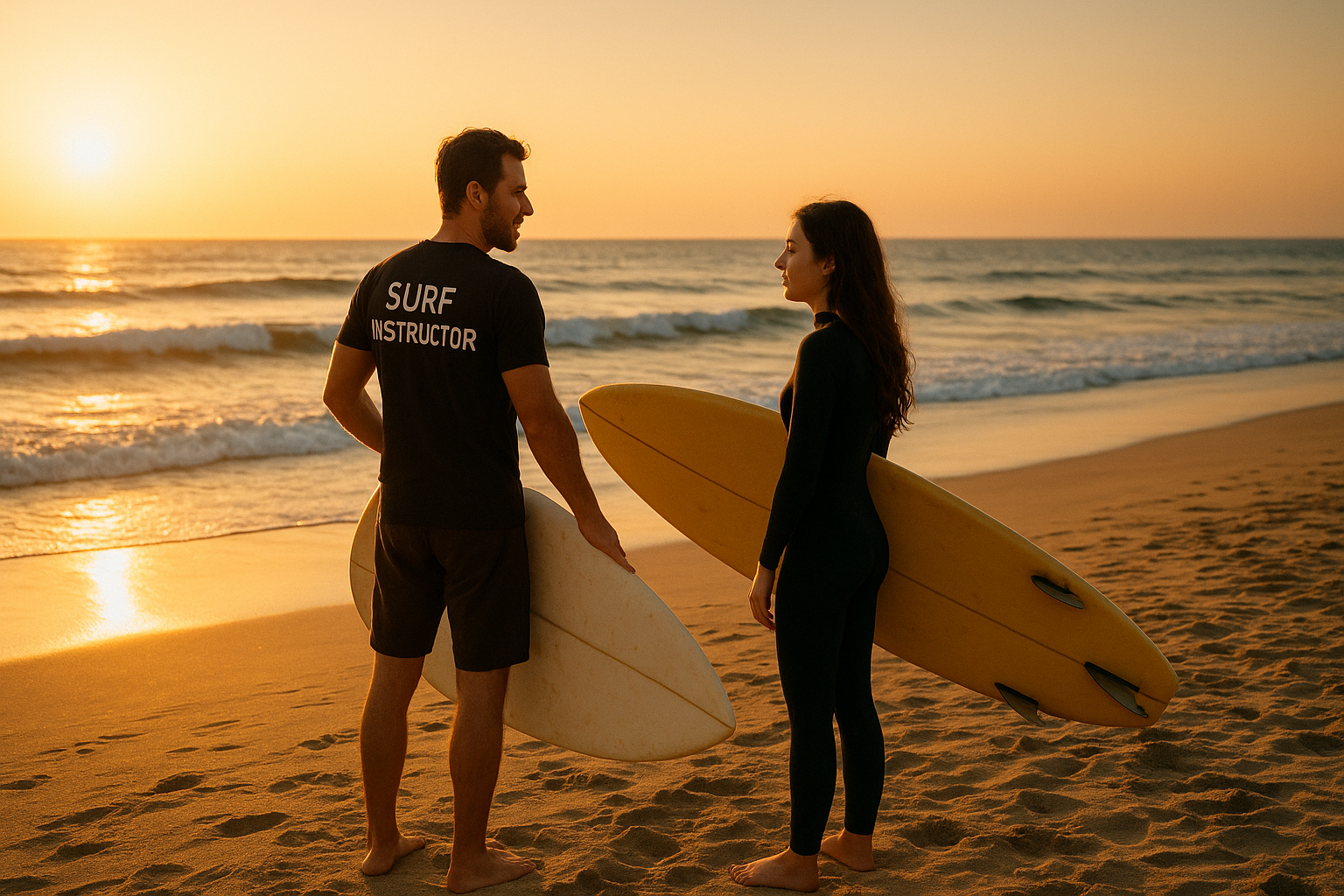 Surf instructor guiding a beginner student on a beach during a surf lesson