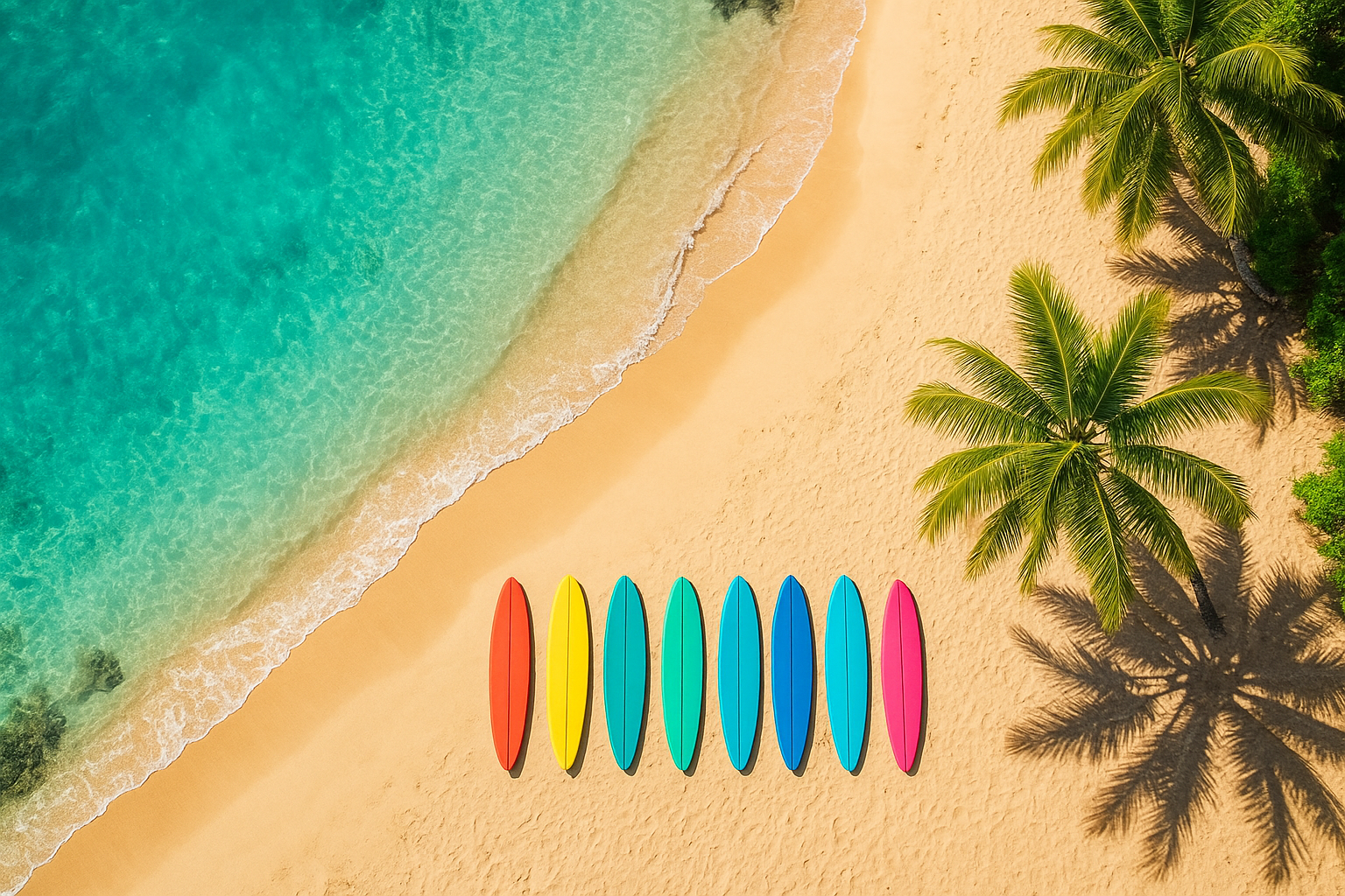 Surfboards lined up on a sandy Oahu beach ready for a group lesson
