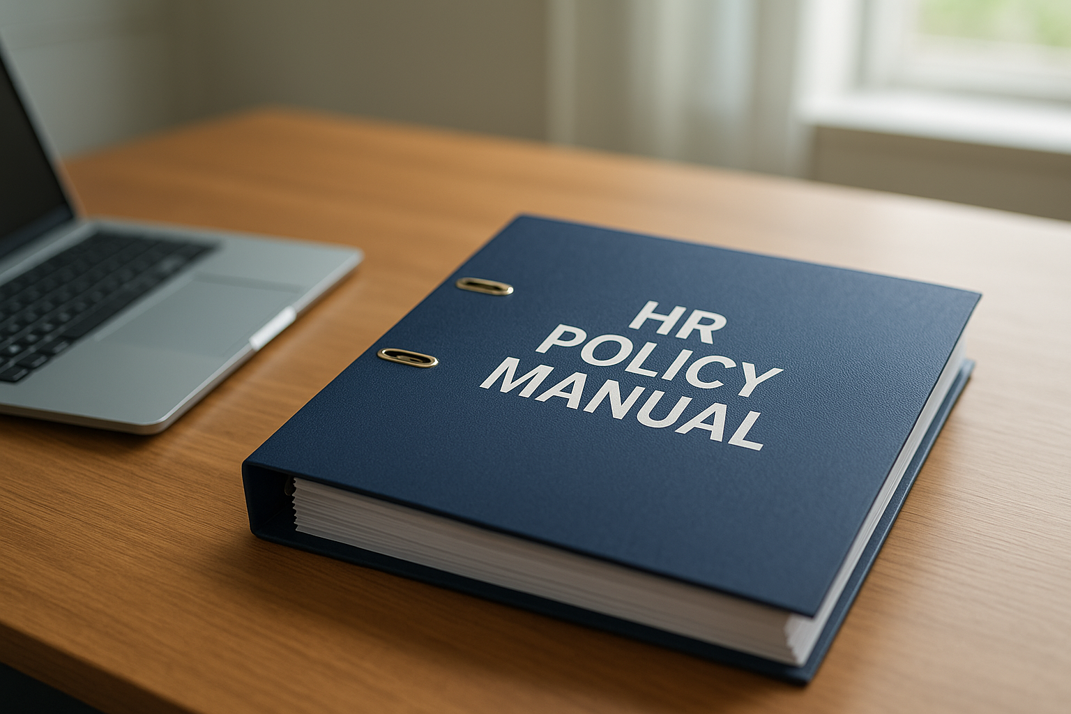 HR policy manual sample displayed as a printed binder next to a laptop on an office desk