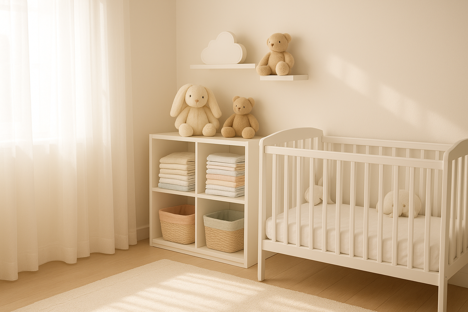 Baby essentials online store products arranged in an organized nursery with white crib, folded clothing, and soft toys