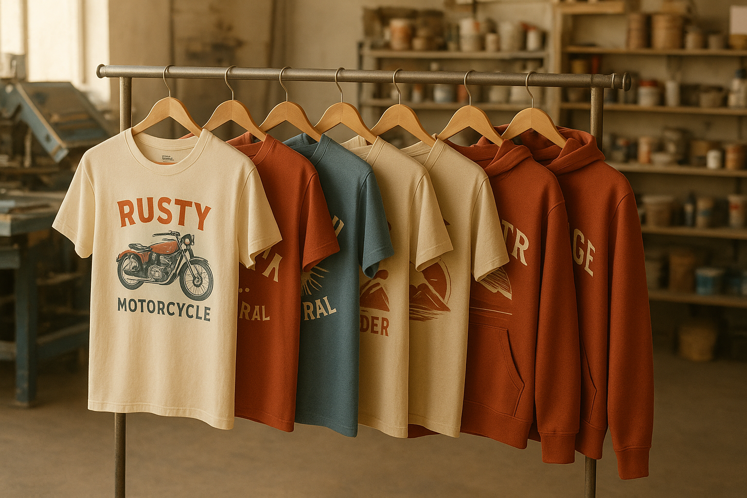 Rack of custom fashion items including vintage-inspired graphic tees and hoodies