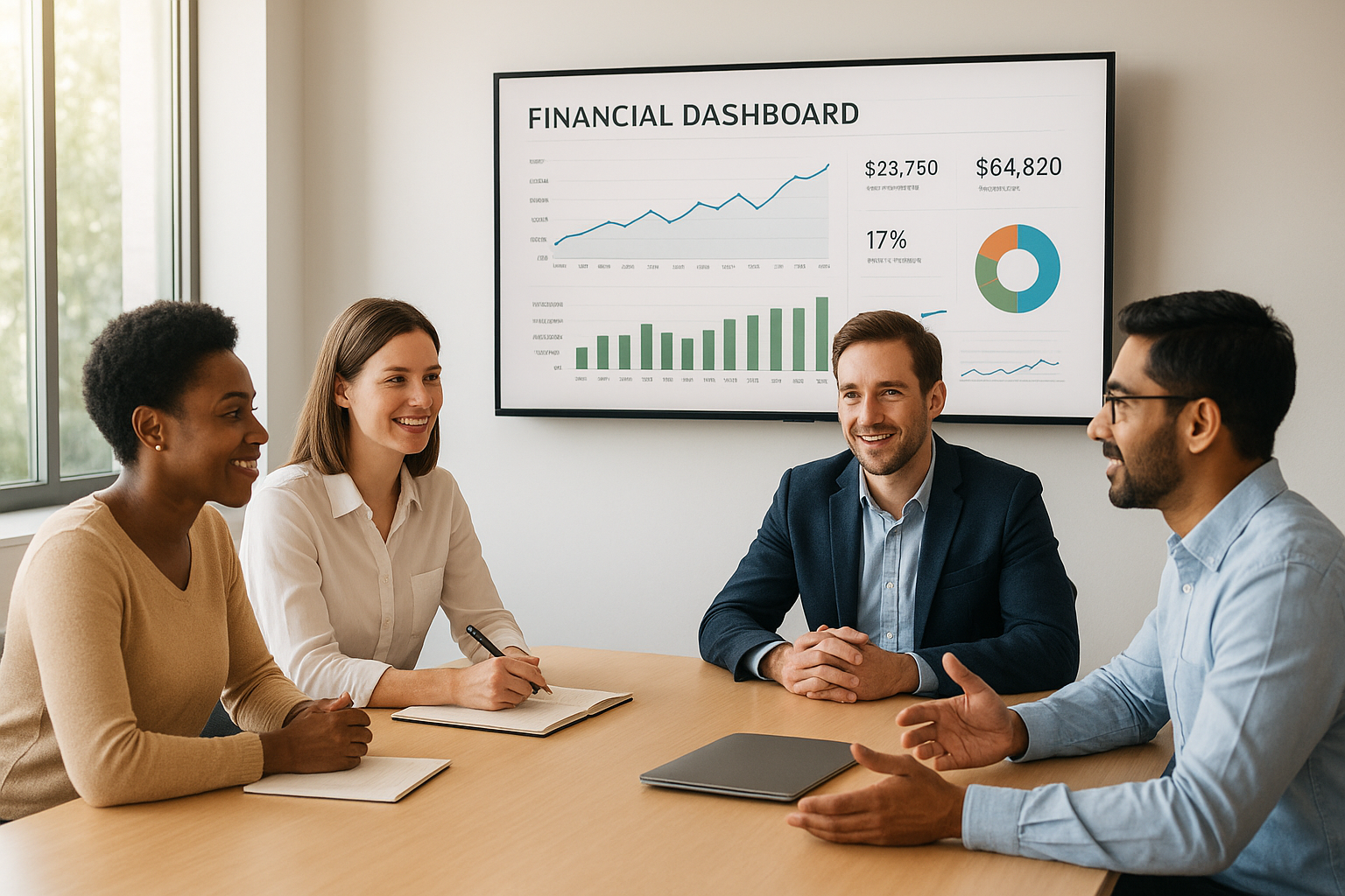 Small business team reviewing monthly financial dashboard with their bookkeeper