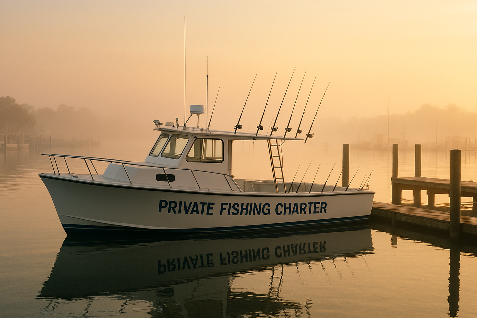 Private fishing charter boat docked near North Myrtle Beach at sunrise