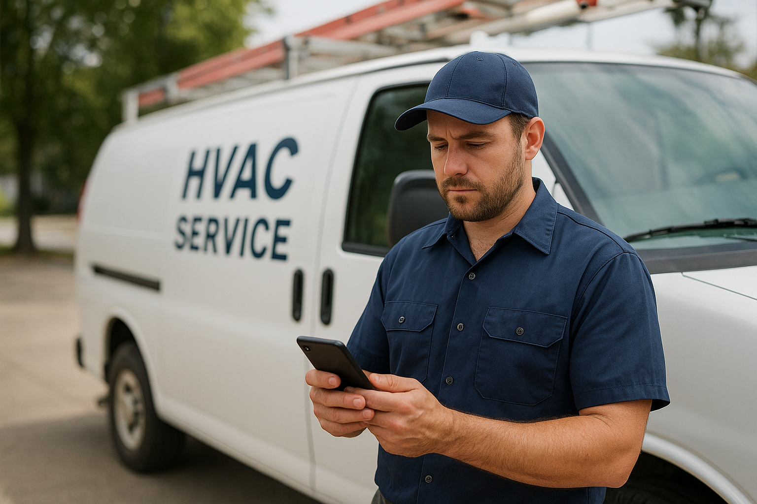 HVAC technician using a mobile field app beside a service truck