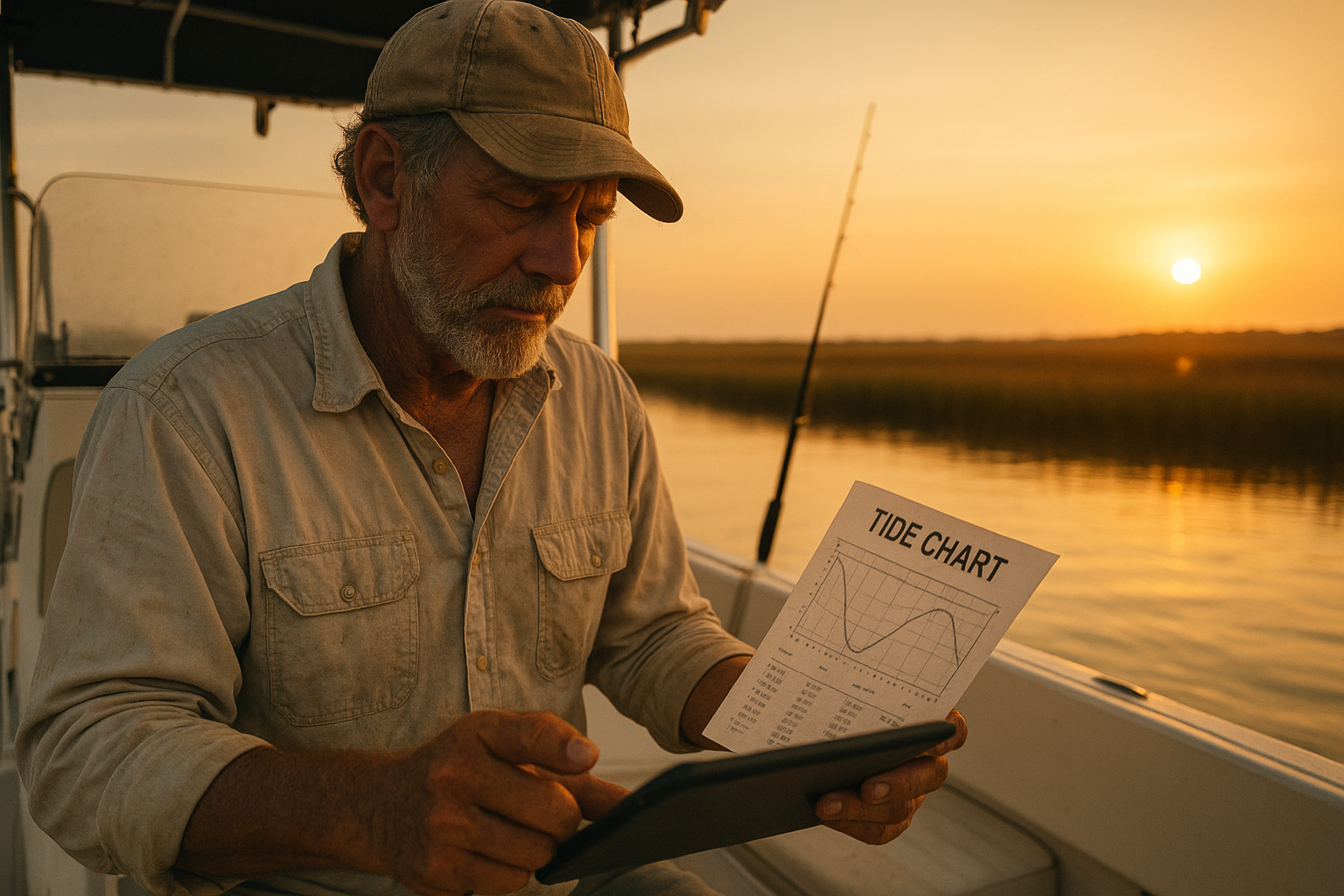 Charter captain reviewing North Myrtle Beach fishing reports and tide data at sunrise