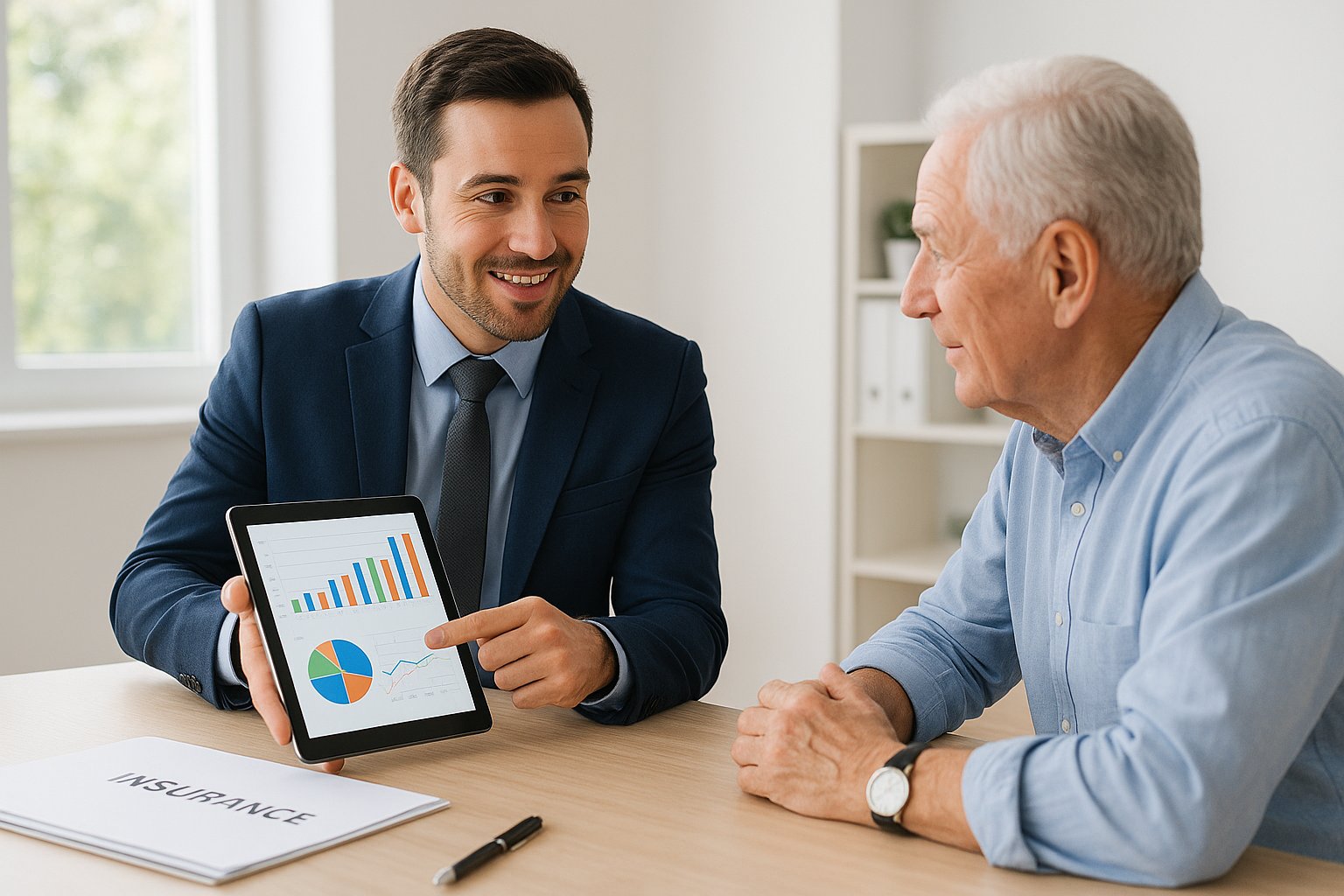 Insurance advisor explaining medical insurance plans to an older client