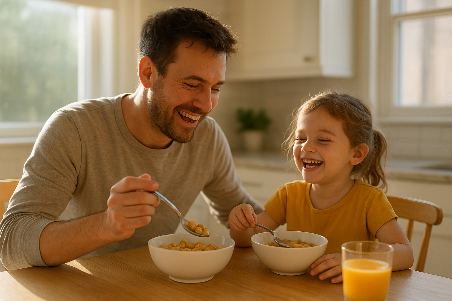 Parent and child sharing a bowl of organic whole grain cereal at breakfast