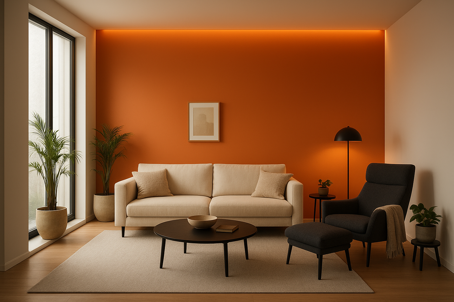 Modern living room showcasing orange heat color trend with accent wall and neutral furniture