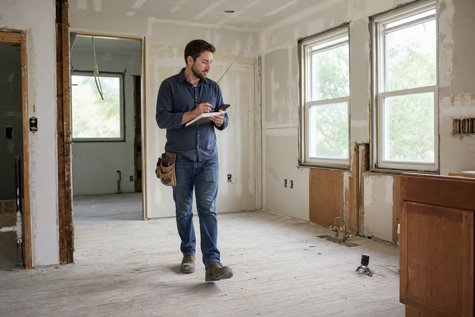 Investor updating repair estimates during a property walkthrough after reviewing an ARV report