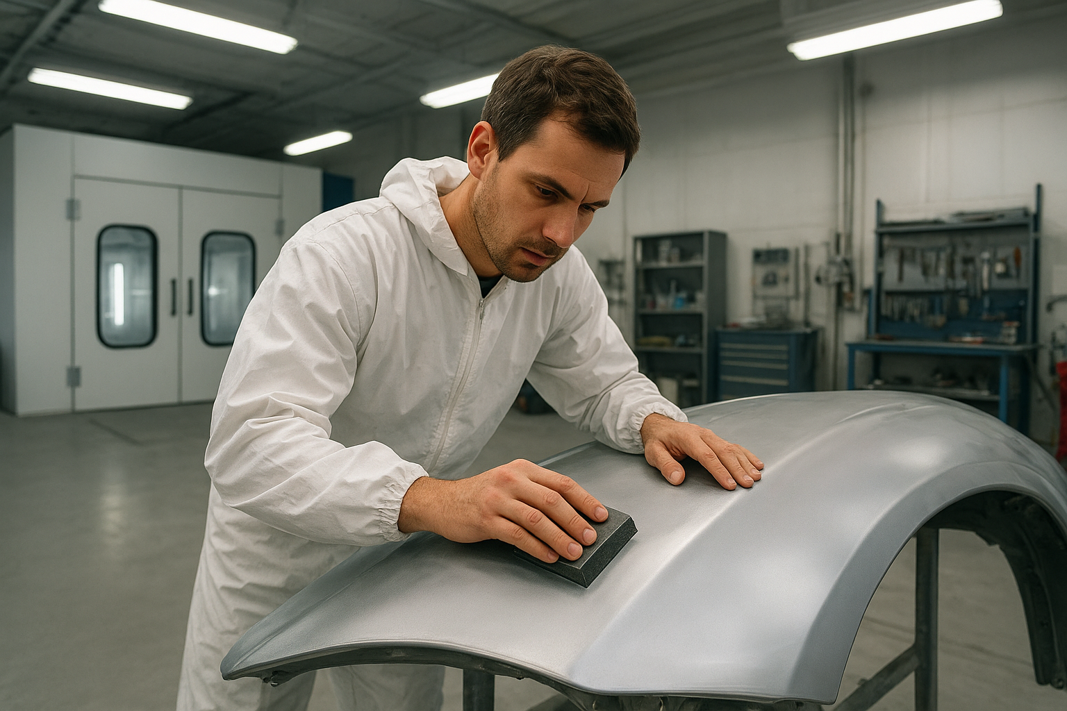 Certified technician performing bodyshop auto repair on a silver vehicle panel in a professional workshop