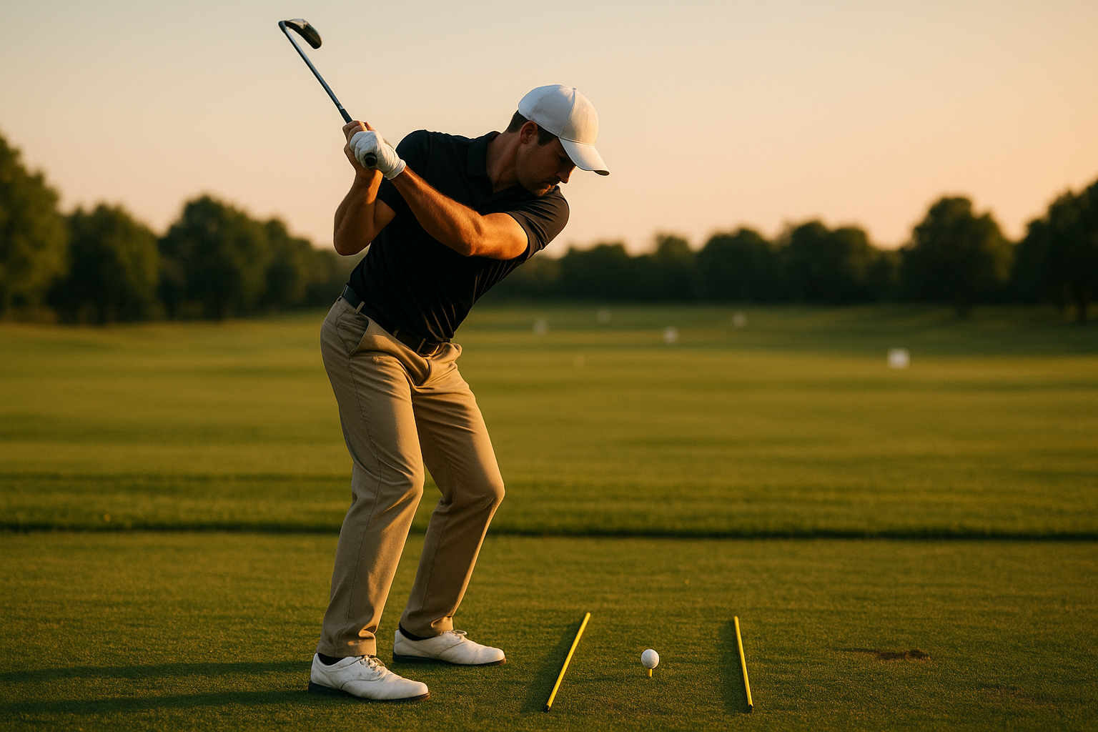 Golfer using alignment stick drill to correct golf swing path errors on the driving range