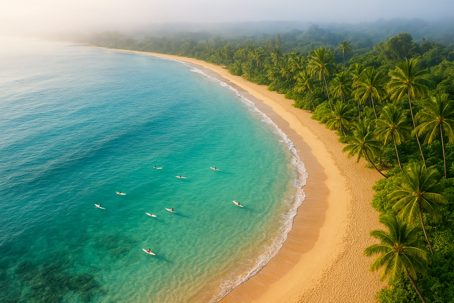 Aerial view of a calm Hawaiian beach with surfers in the water during a group lesson