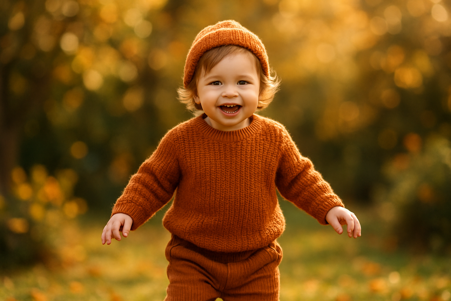 Young toddler wearing stylish premium children's clothing in autumn colors while playing outdoors
