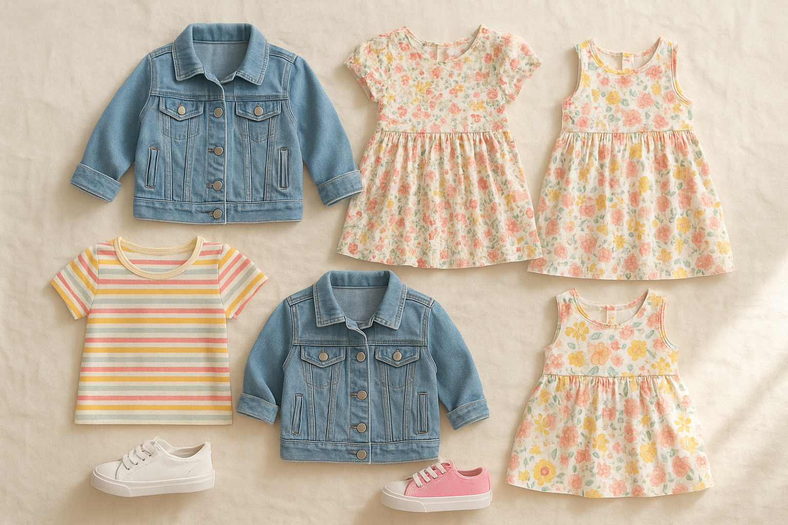 Flat-lay of trendy kids clothing rental items including dresses, jackets, and tops on a cream background