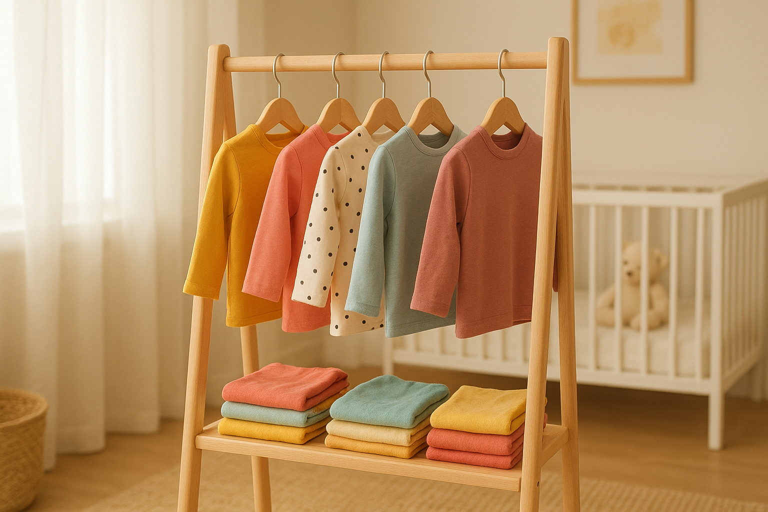 Rotating rack of curated kids clothing representing a children's wear subscription service
