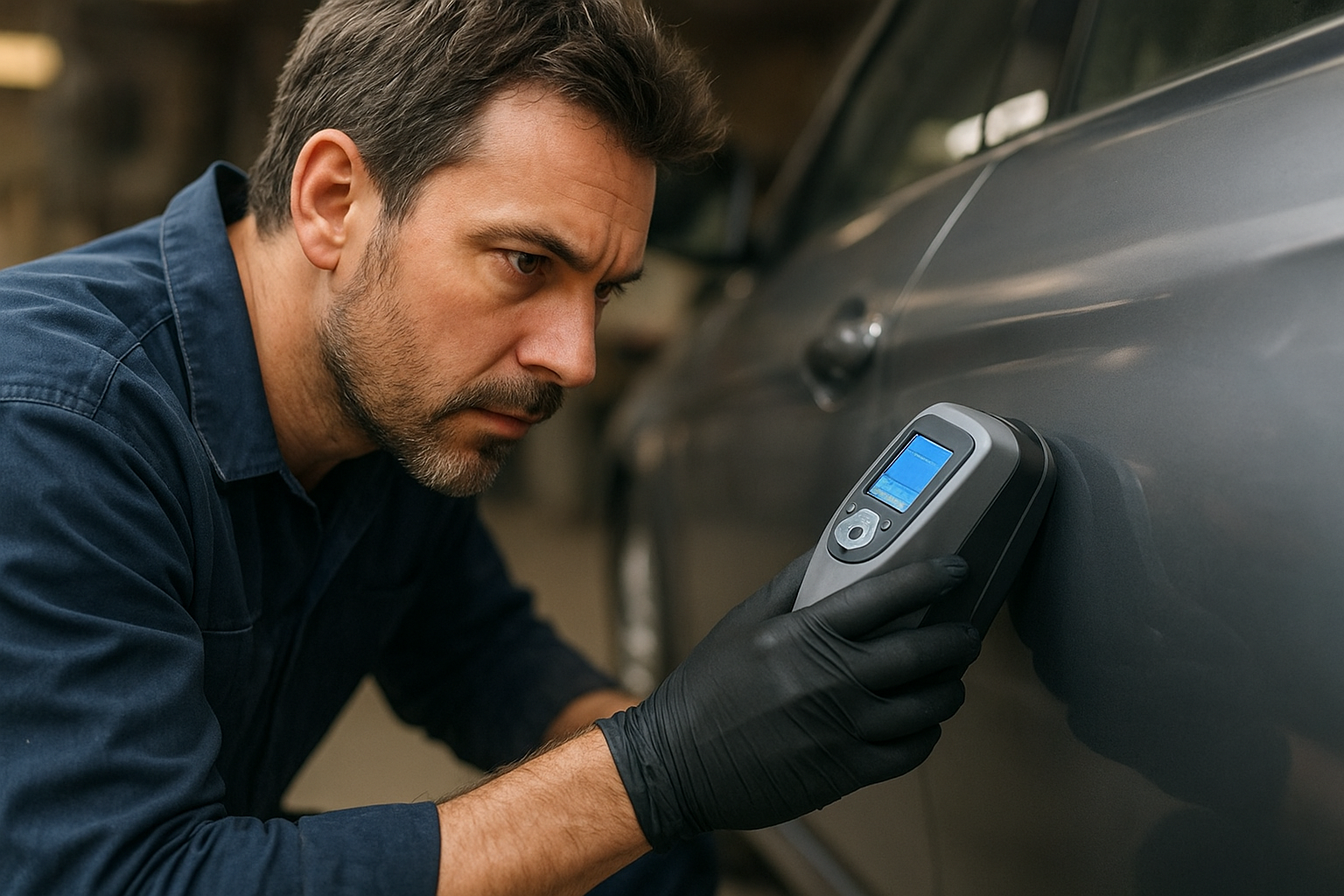 Auto body technician using computerized paint color matching equipment on a vehicle panel