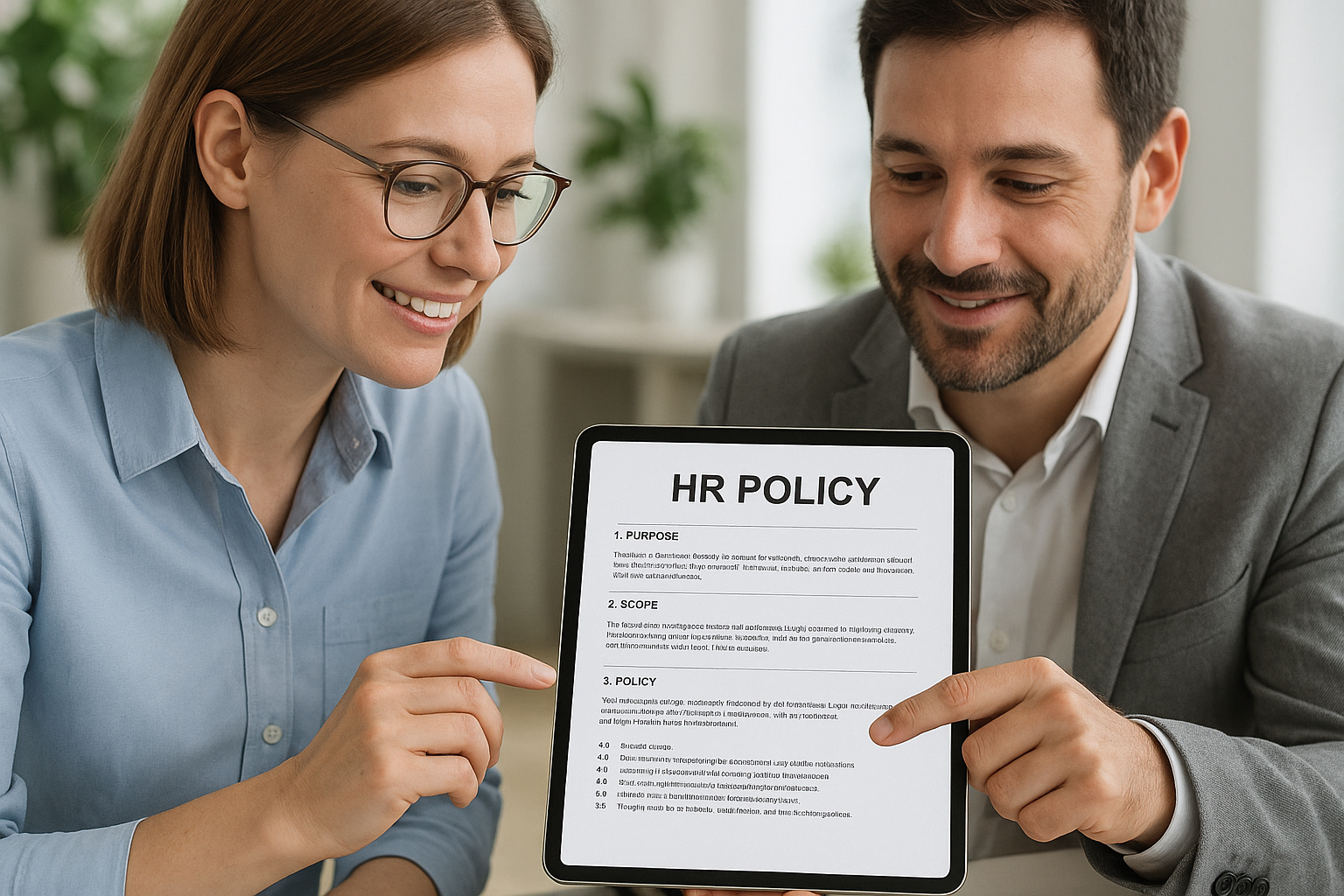 Two HR professionals collaborating on a digital HR policy document using a tablet in a modern office