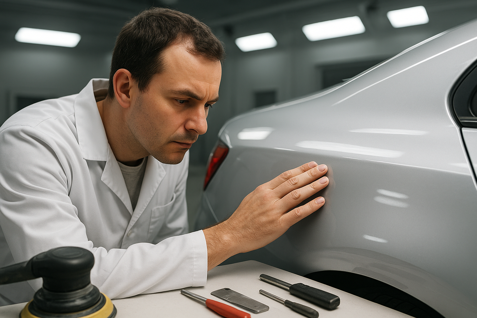 Certified auto body technician inspecting a vehicle paint finish in a California repair shop