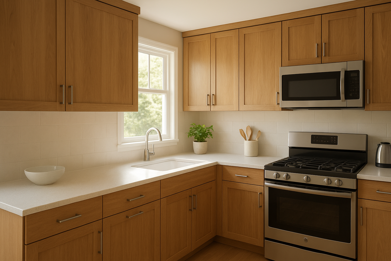 Modern kitchen featuring professional cabinetry services with refaced wood cabinets