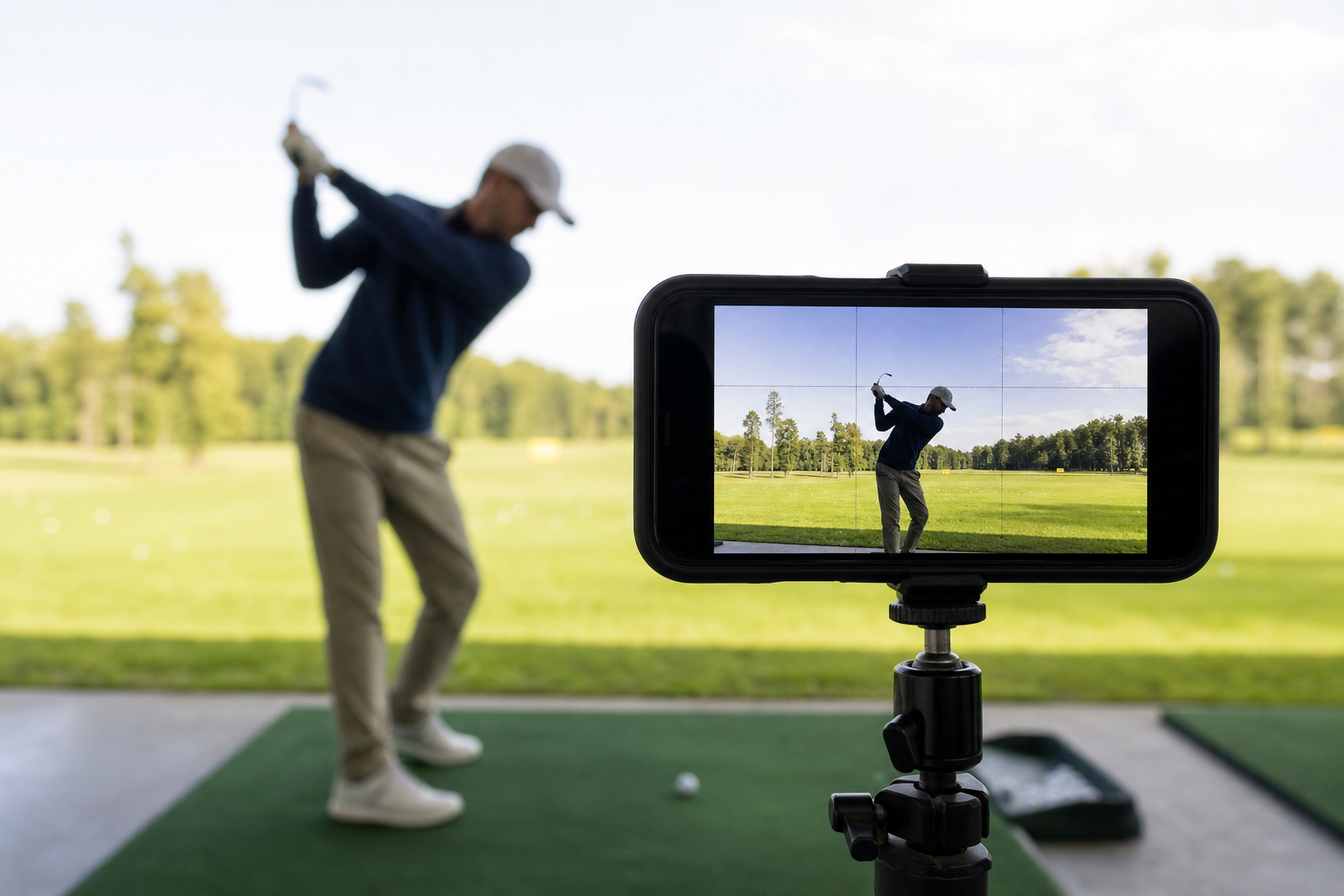 Smartphone on tripod recording a golf swing for remote coaching review