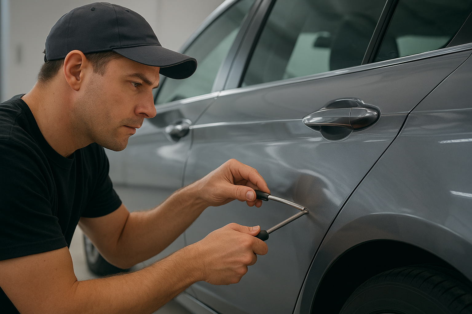 Technician performing paintless dent repair Orange County service on a car door panel