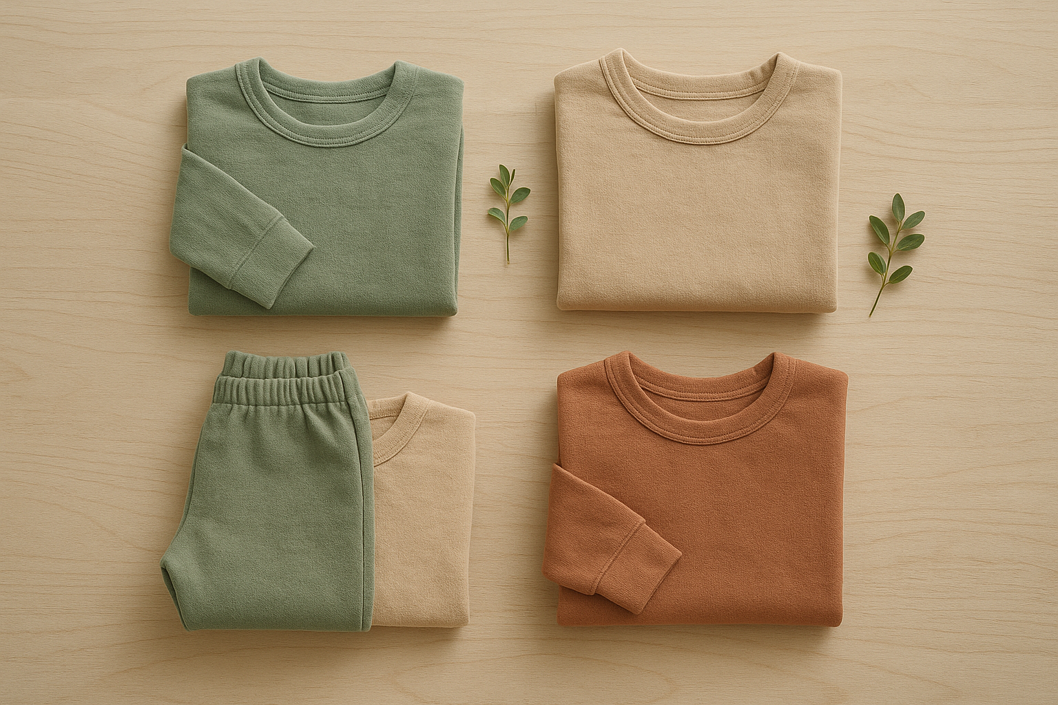 Flat lay of eco-friendly kids clothes in earthy tones made from natural fabrics