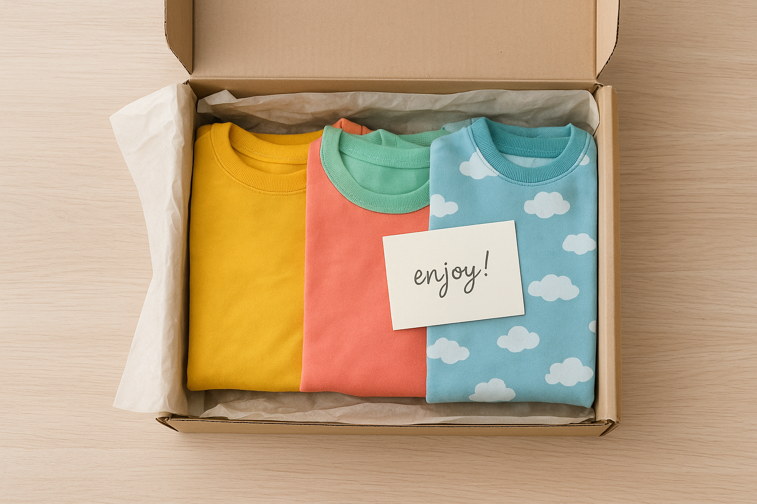 Open subscription box containing premium children's clothing items from a kids clothes rental service