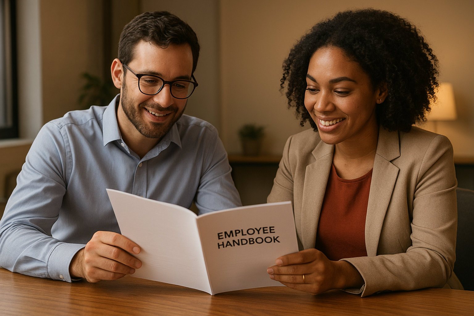 HR manager reviewing employee handbook policies with a small business team