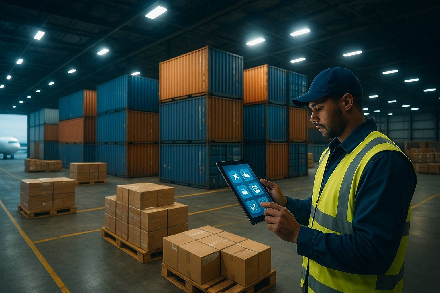 Warehouse worker checking delta cargo tracking status on a tablet near stacked air freight pallets