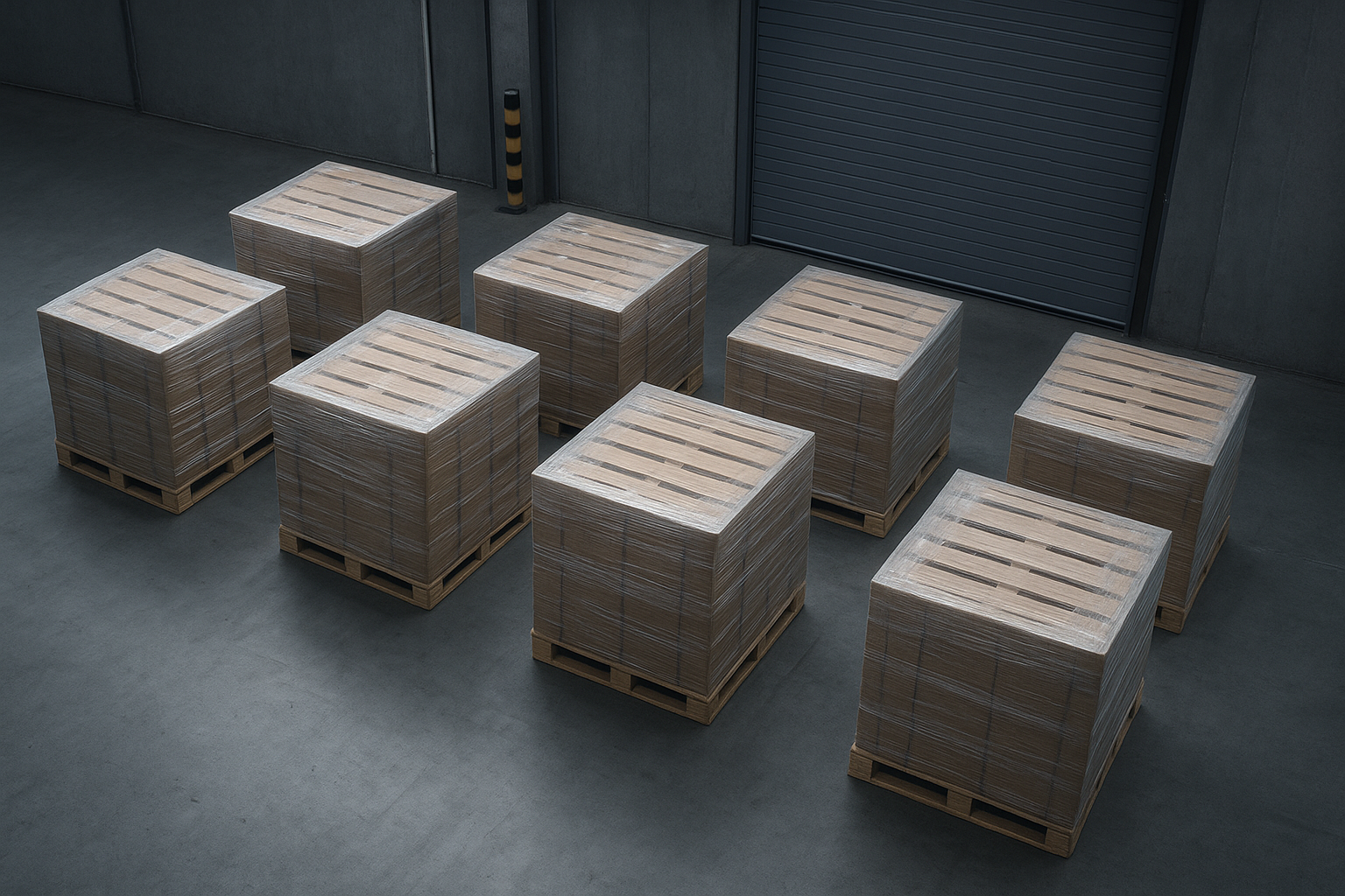 Palletized freight staged in a warehouse before an LTL pickup