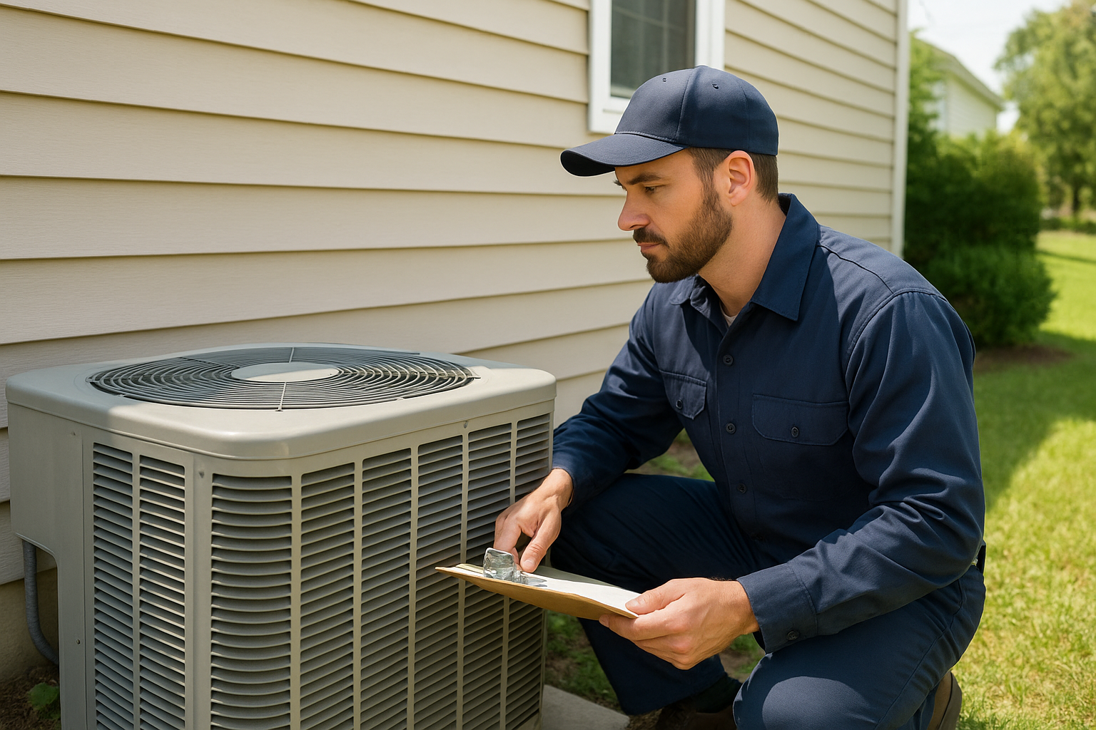 Home inspector examining outdoor HVAC condenser unit during HVAC system inspection