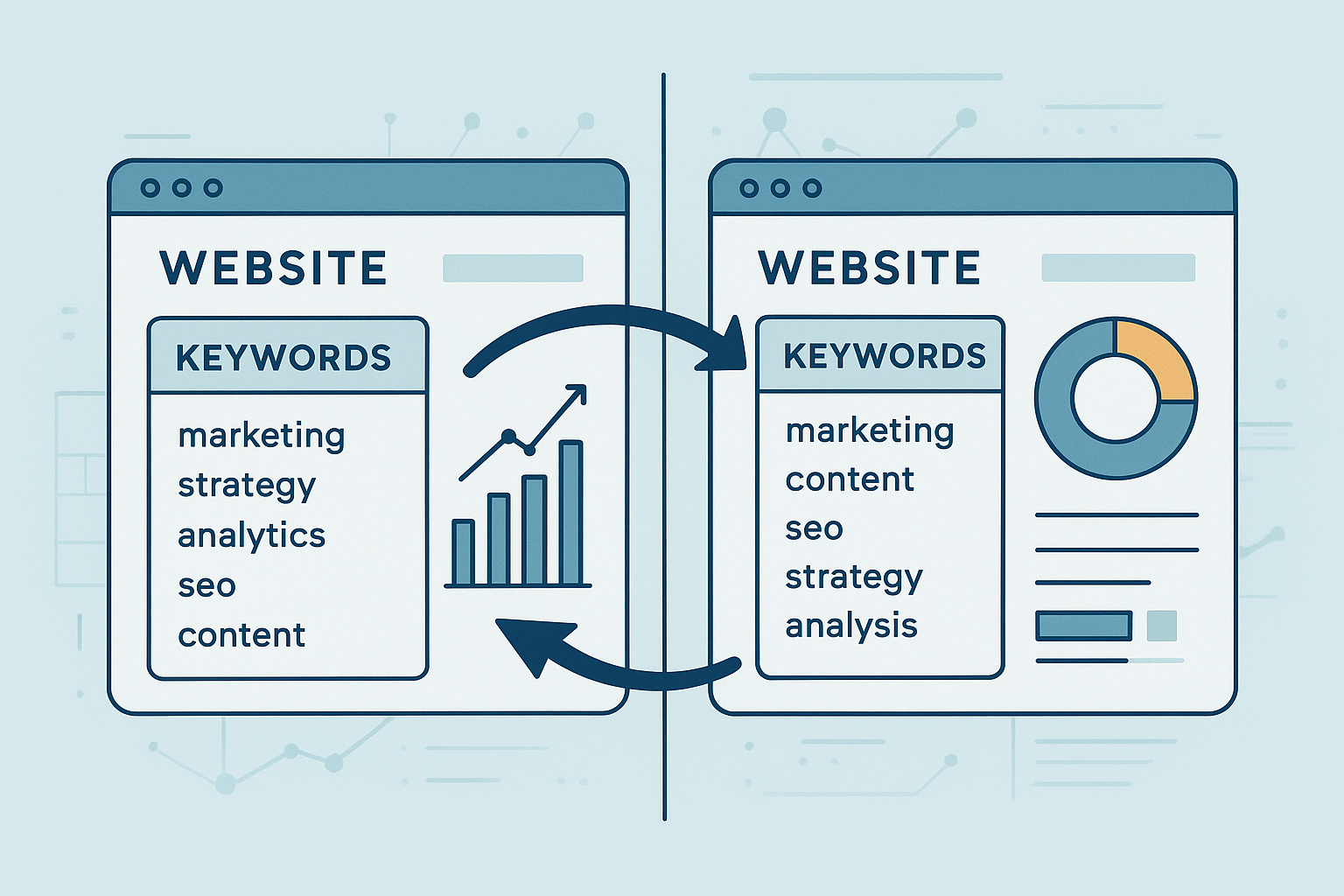 Side-by-side comparison of competitor websites with keyword extraction data flowing between them