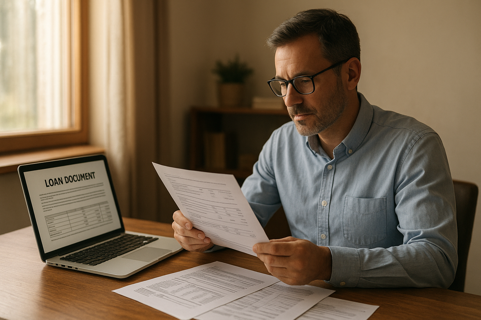 Small business owner reviewing business loans for small companies paperwork at desk
