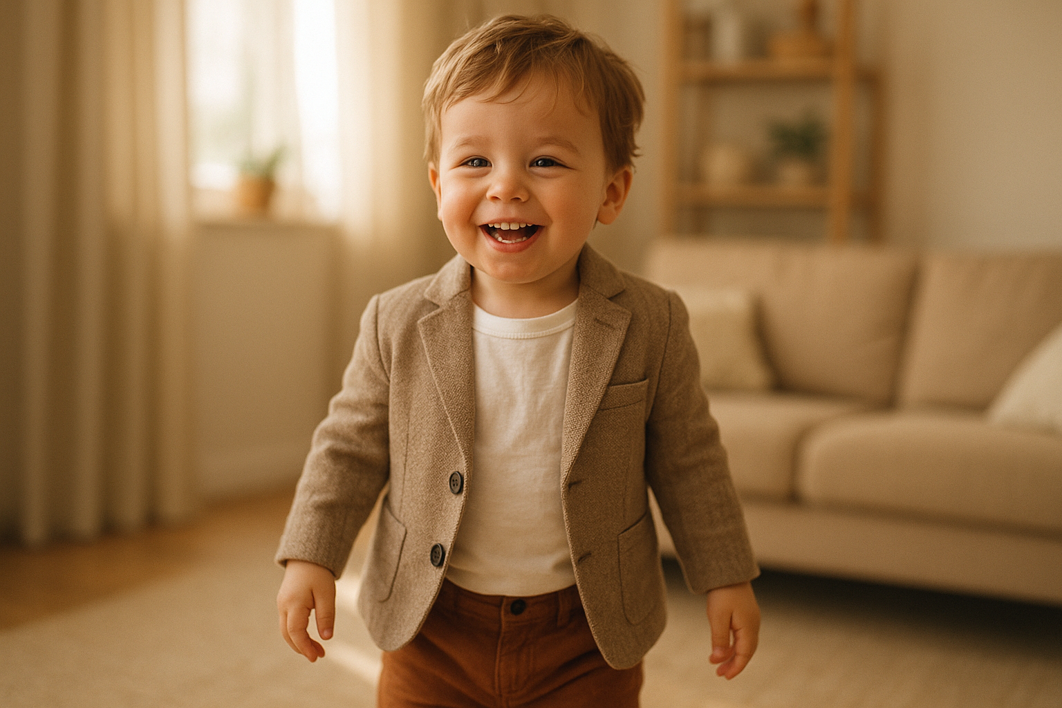 Happy toddler wearing a stylish outfit from a children's clothing rental subscription service indoors