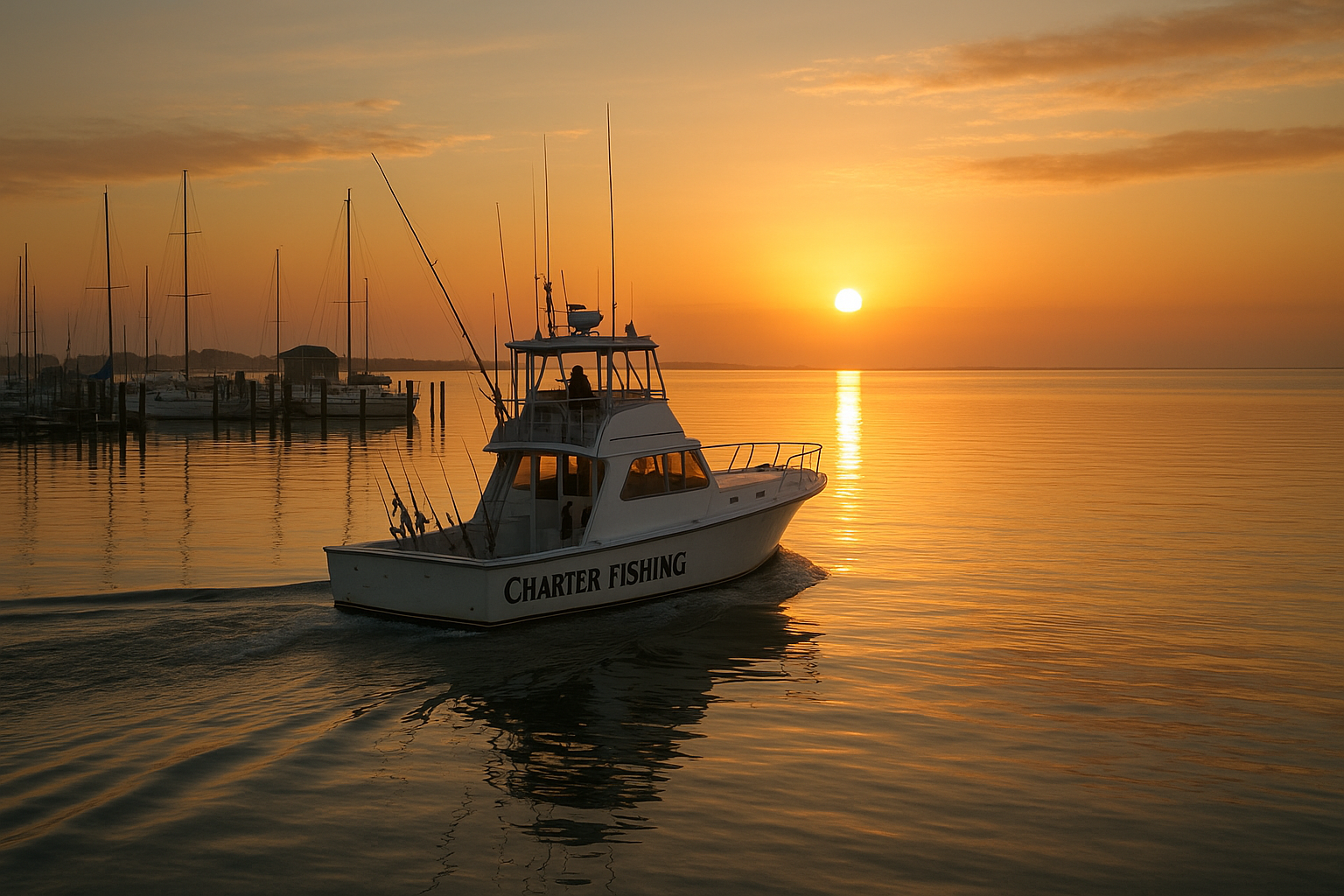 Offshore fishing charter boat leaving the dock at sunrise near Myrtle Beach