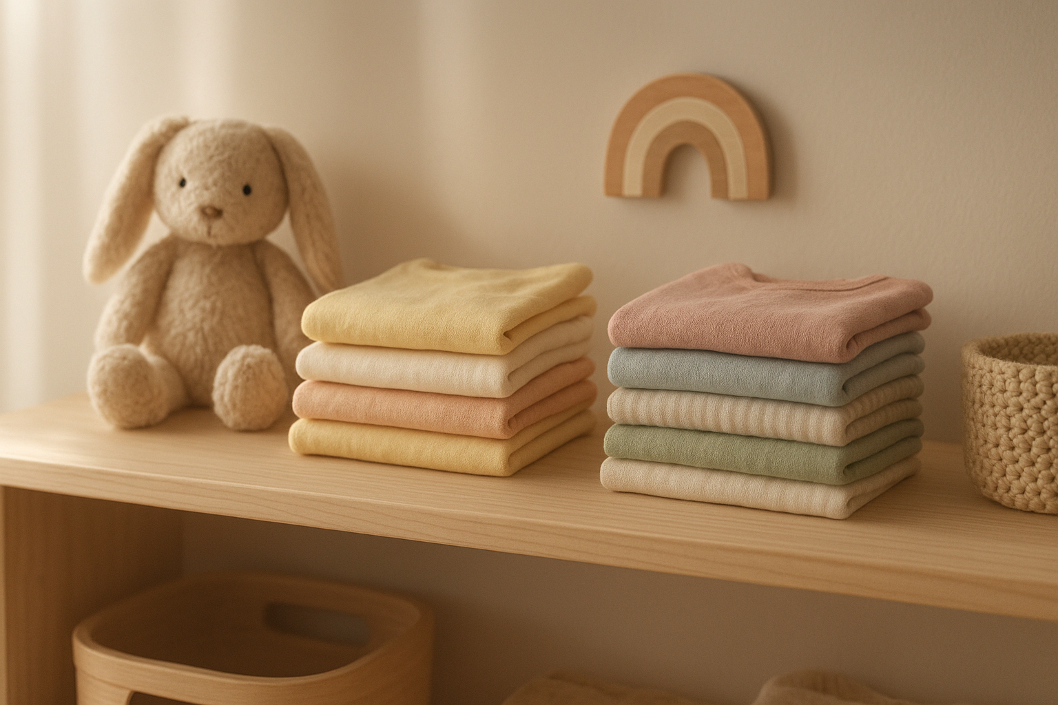 Folded bundles from a convenient childrens clothing service on a nursery shelf