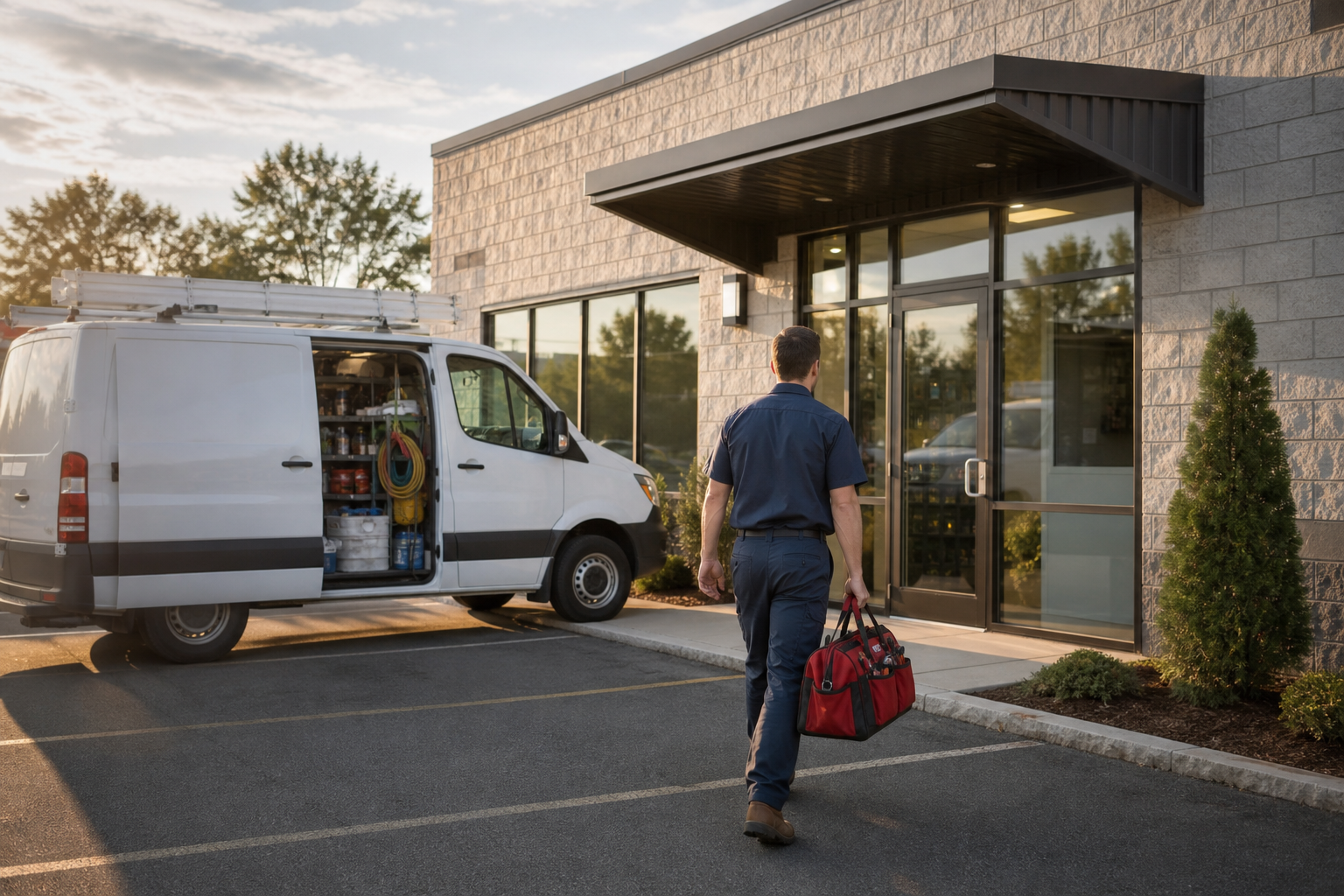 Plumber arriving at a commercial building for a scheduled maintenance appointment in Kaufman County