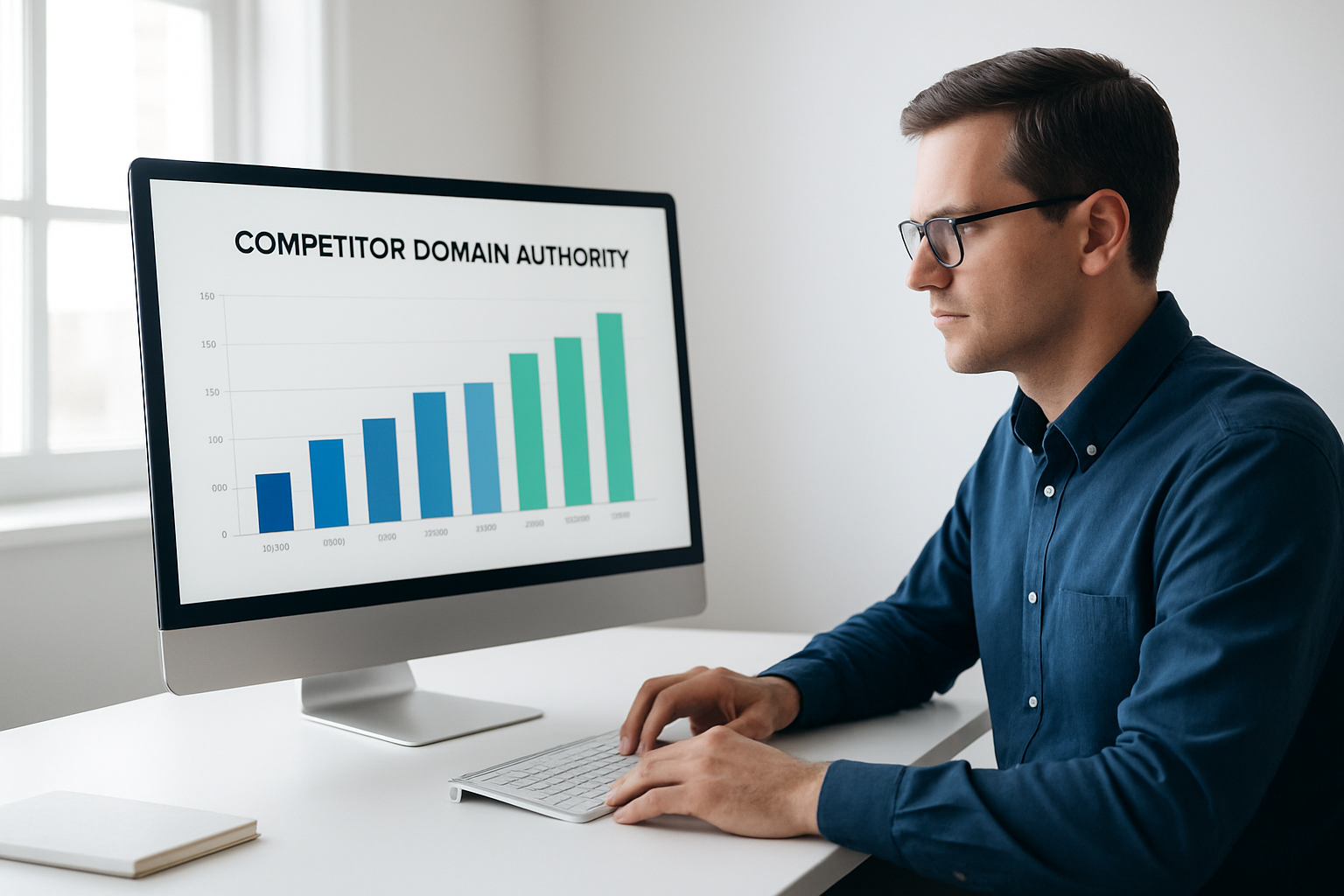 SEO professional comparing competitor domain authority scores on a monitor using an AI-powered tool