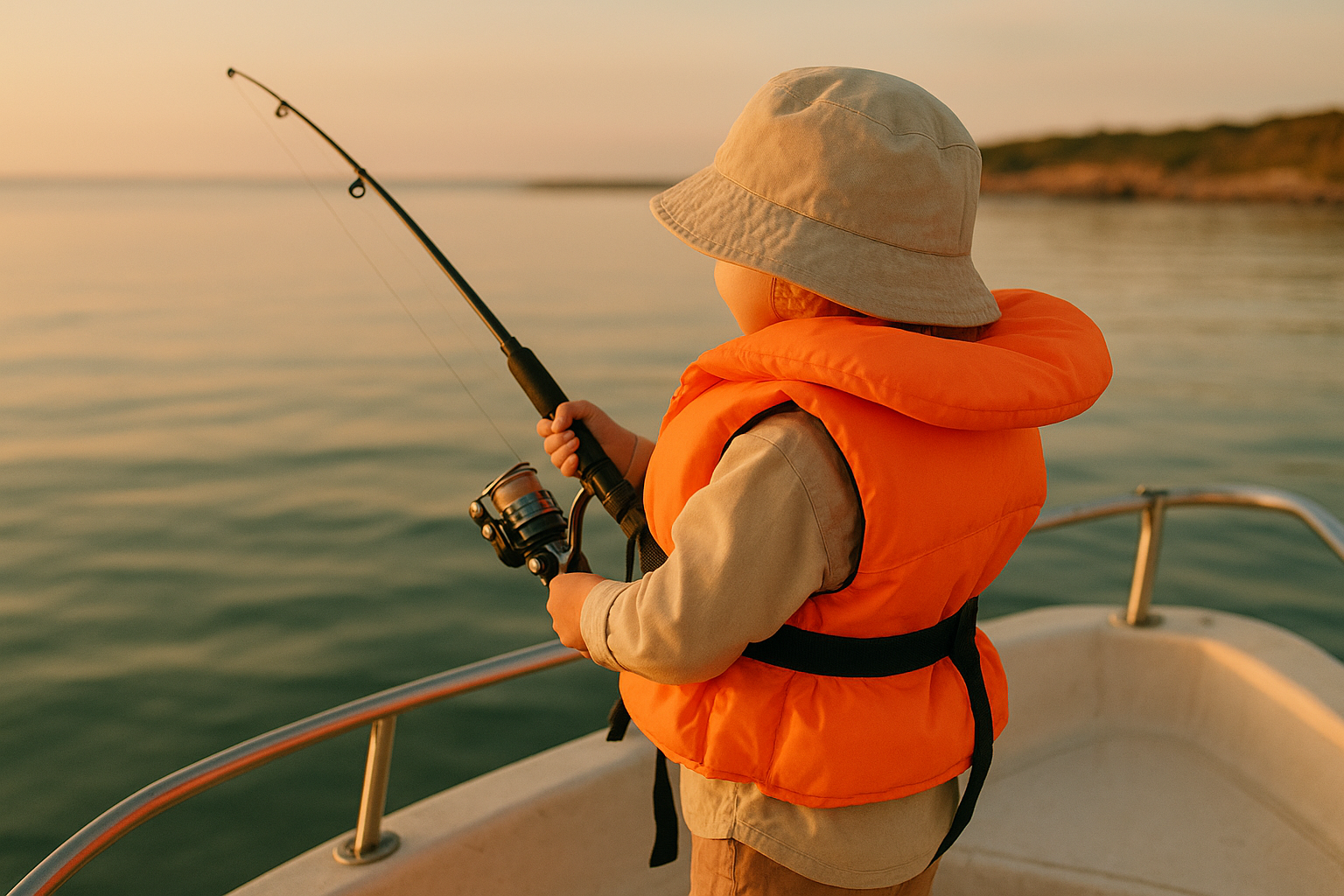 Child wearing a life jacket on a kid friendly fishing charter boat