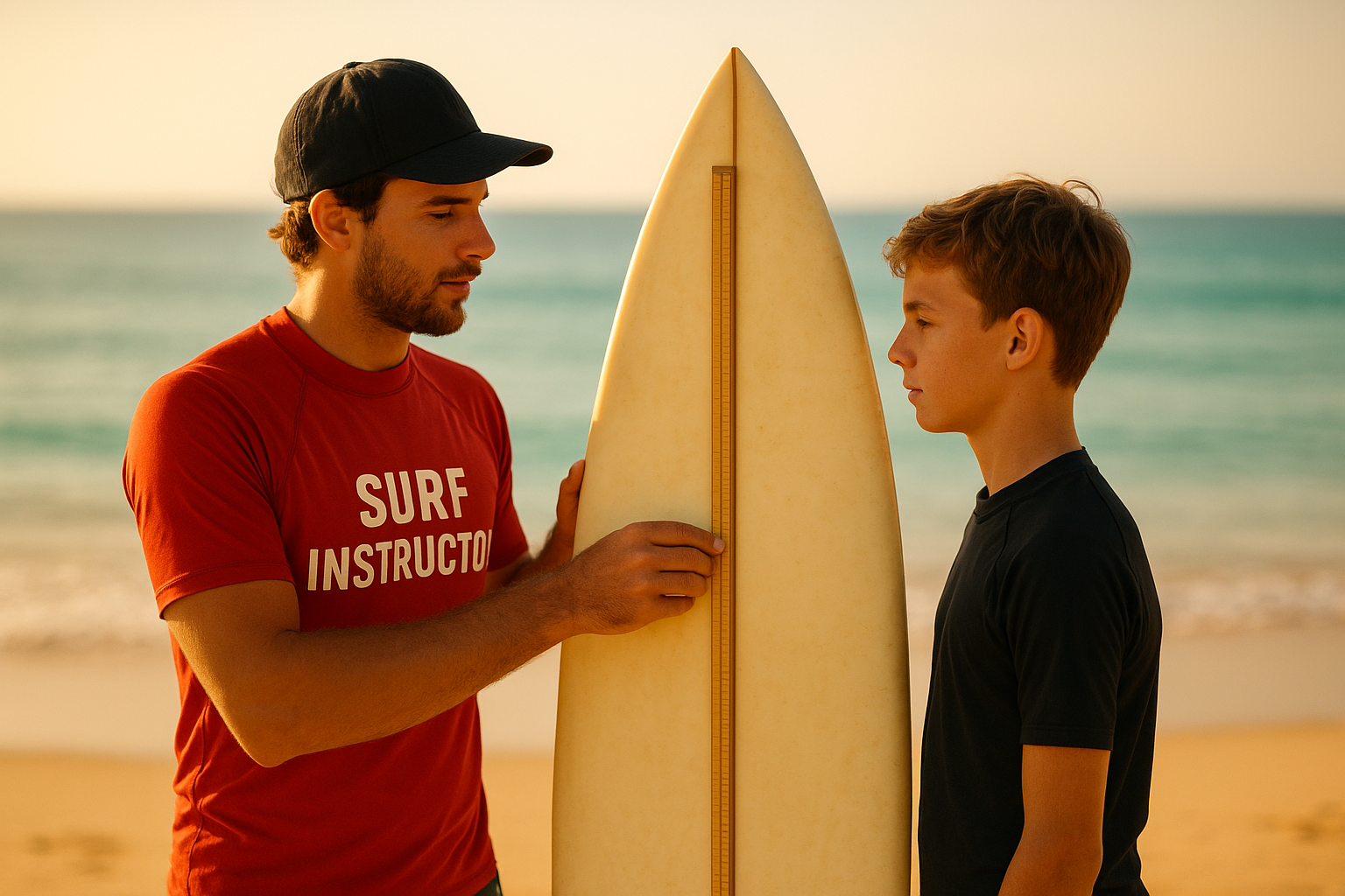 Surf instructor demonstrating surfboard fitting and gear recommendations on the beach