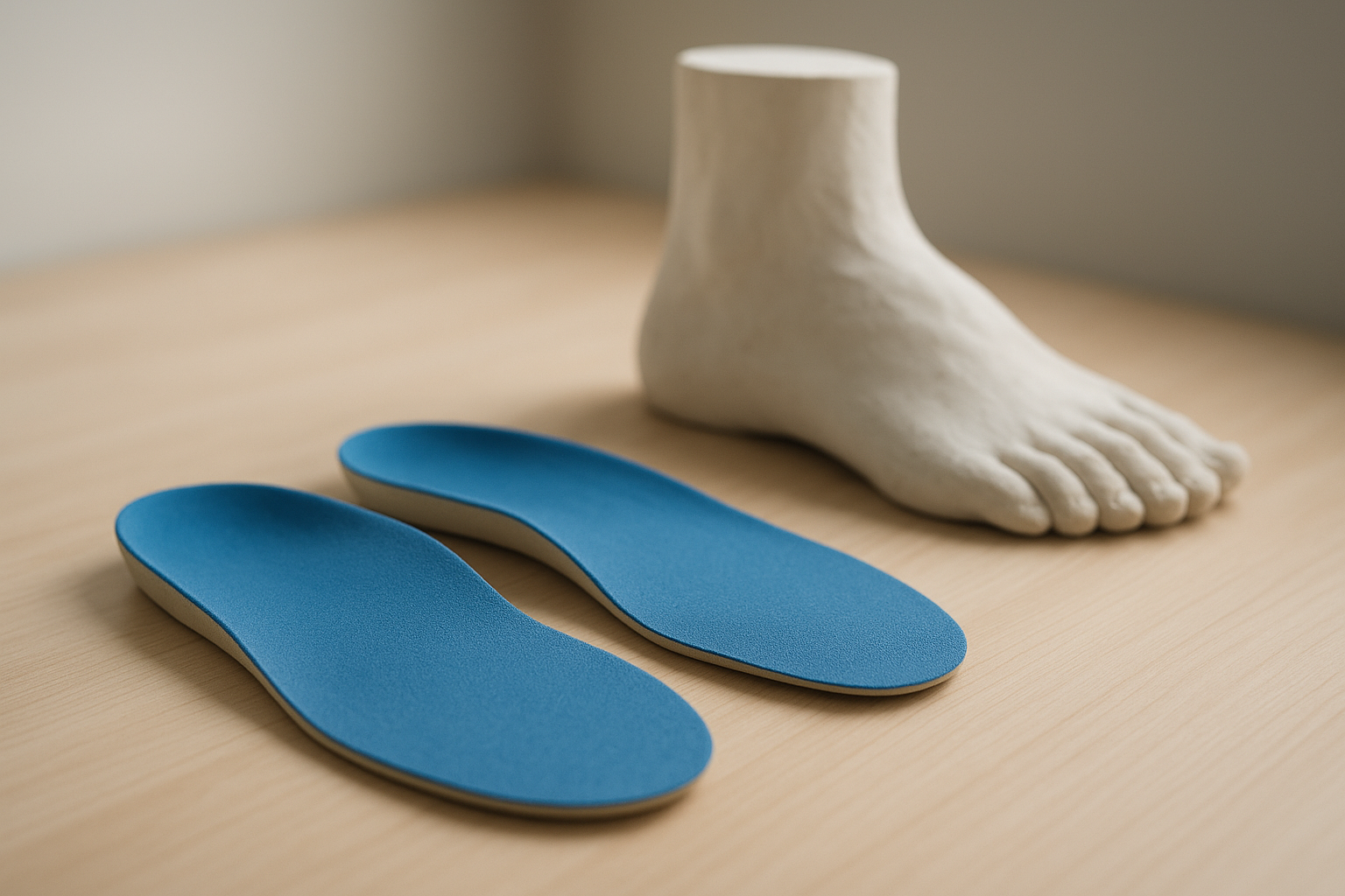 Custom foot orthotics for plantar fasciitis next to a foot mold