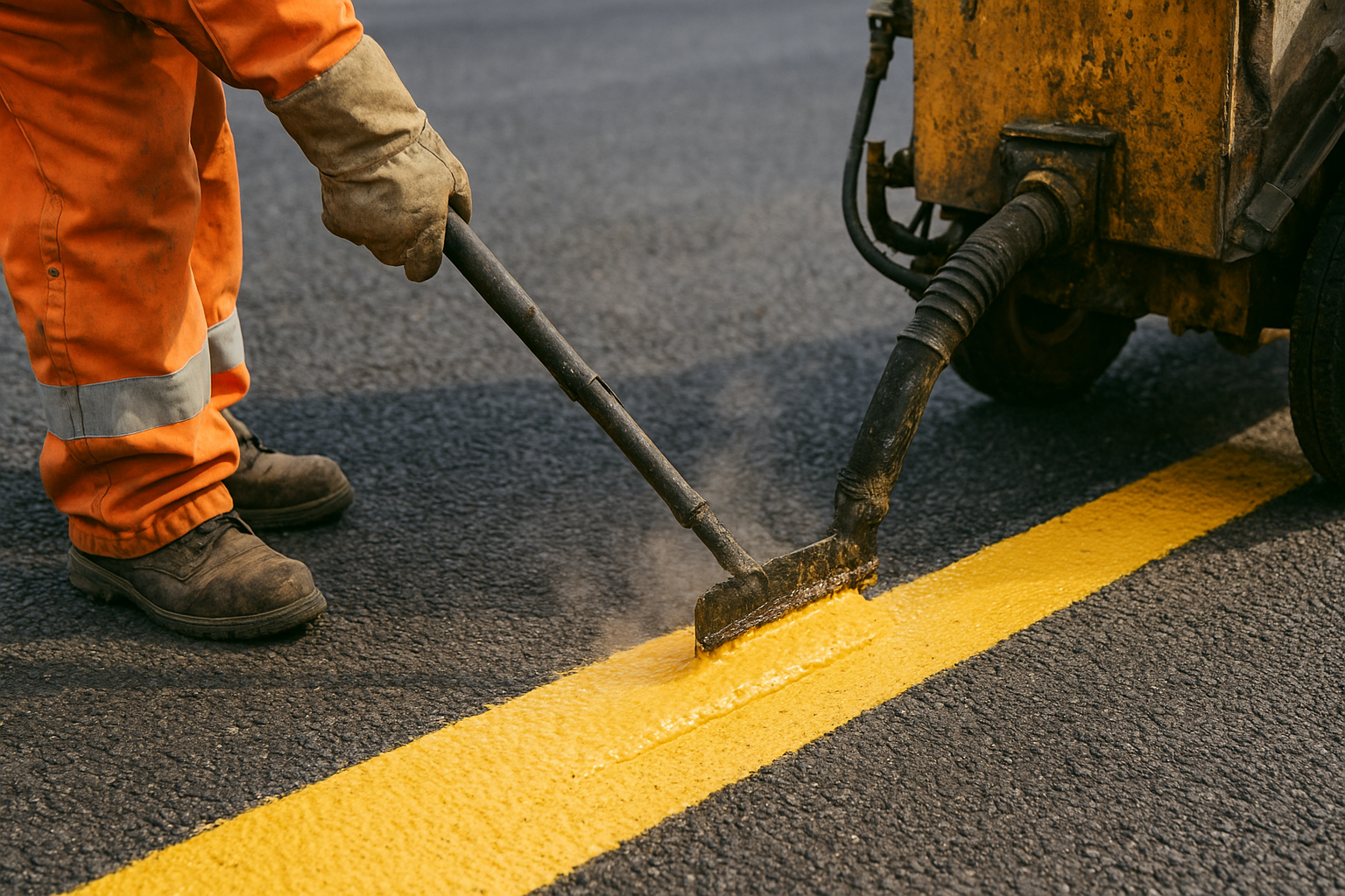 Worker applying thermoplastic pavement marking material to a fire lane